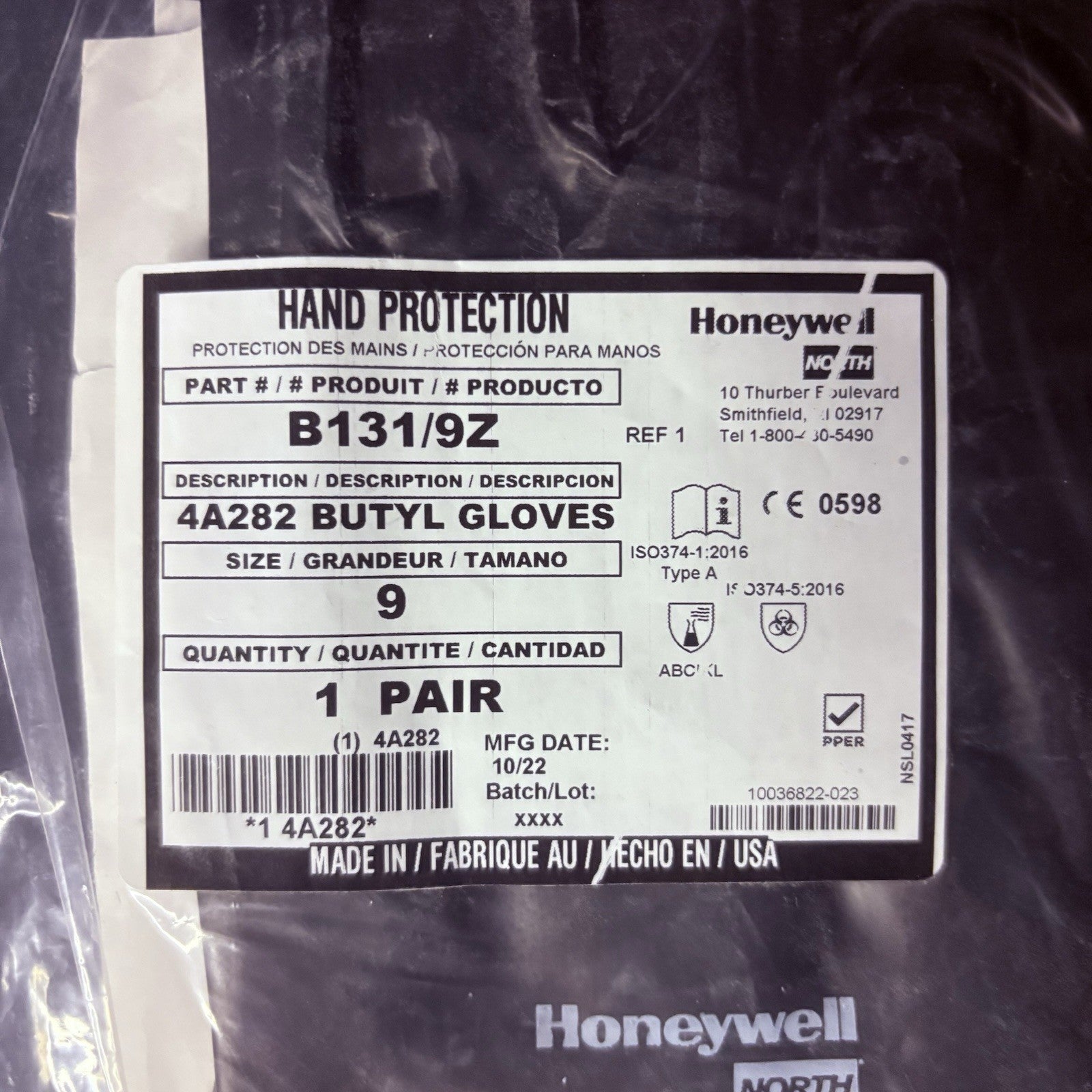 (2 Pack) Honeywell Butyl Gloves North B131/9 Chemical Resistant 13 Mil Sz 91