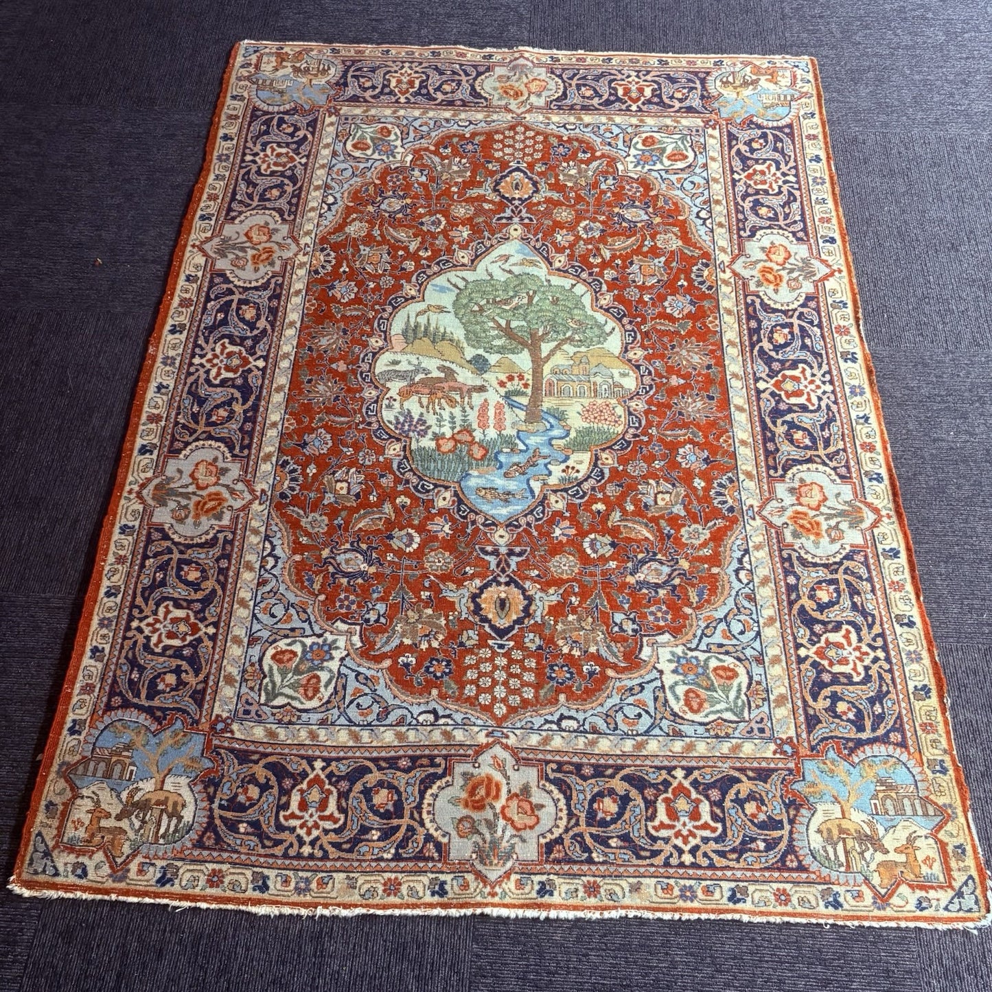 Antique Persian Hand Knotted Pictorial Rug 4'x6' 289 KPSI 1940s Tabrizz Rug16