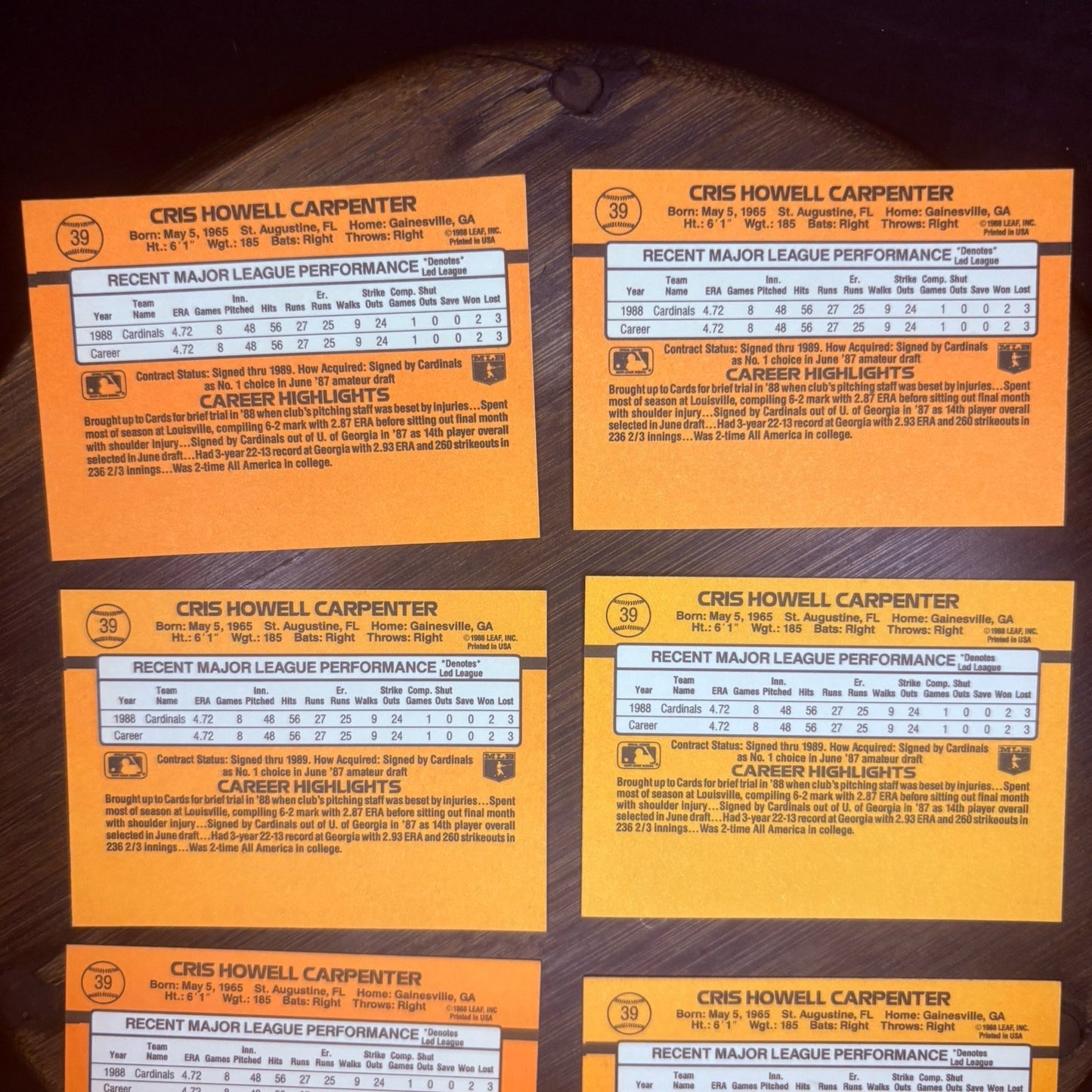 Lot of (6) 1989 Donruss #39 CHRIS CARPENTER (RATED ROOKIE) St. Louis Cardinals8