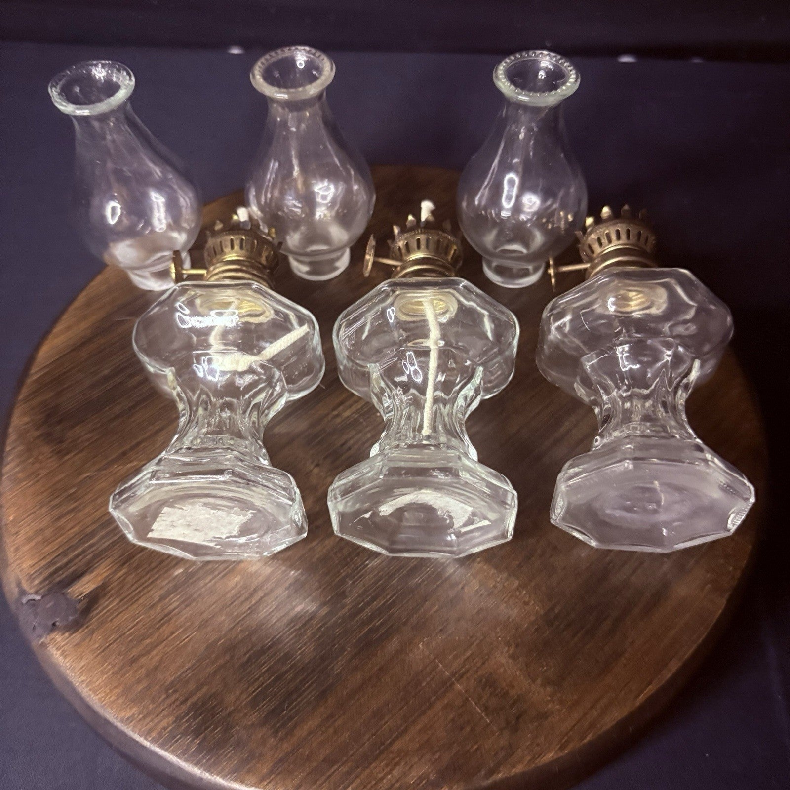 VTG 3 Miniature Hurricane Oil Lamp Set Of 3, Thick Glass Octagon Base - 6.5"9