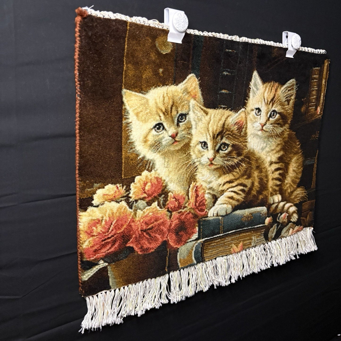 Persian Pictorial Rug Kittens Hand Knotted w/Silk Inlays 24”x16” w/Rug Hangers2