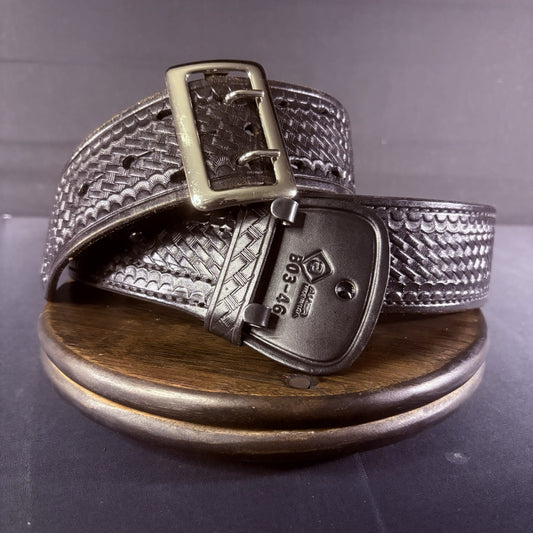 Aker Black Leather Duty Belt B03-46  Size 46 Basketweave w/ Chrome Brass Buckle0