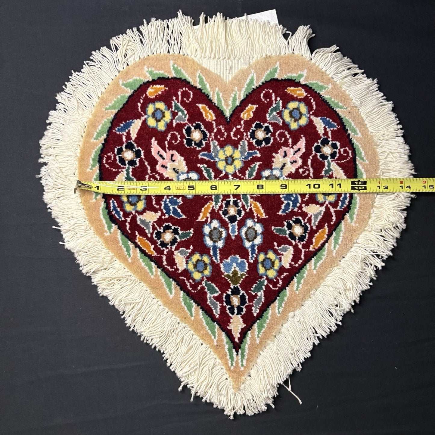 Heart Shape Rug Red w/Flowers Hand Knotted 14”x13” RARE 240 KPSI12