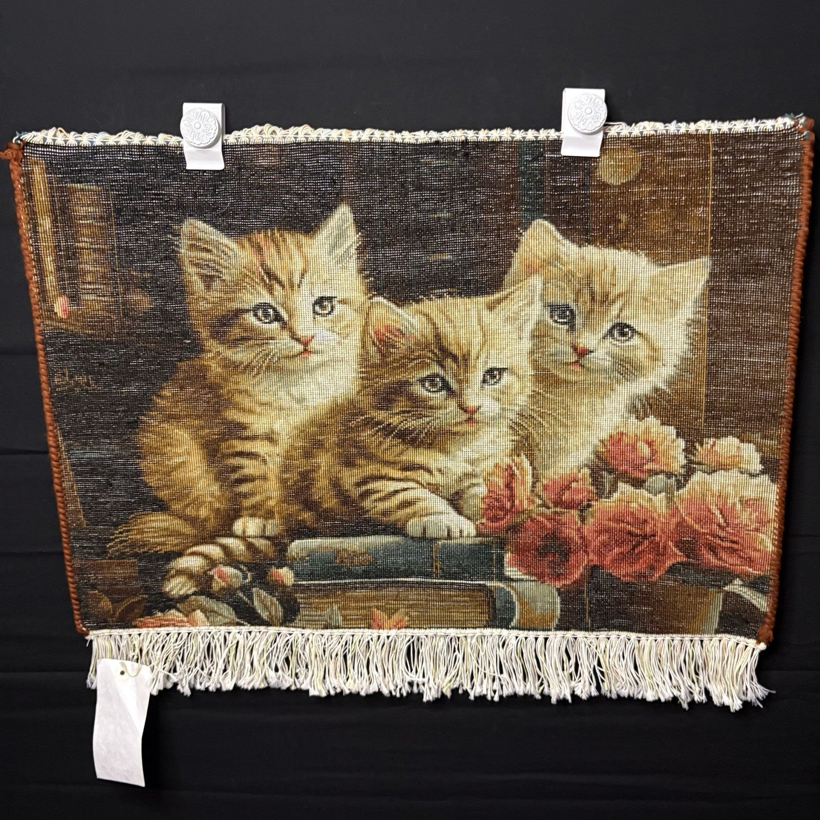 Pictorial Rug Kittens Hand Knotted w/Silk Inlays 24”x16” w/Rug Hangers1