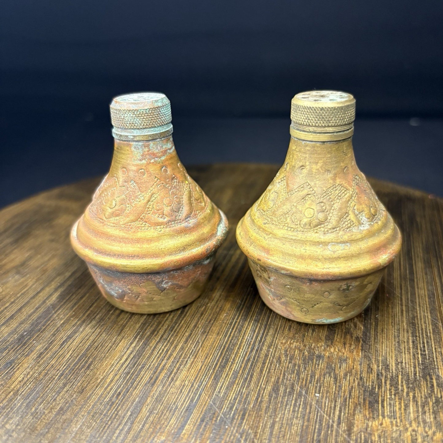 Antique Copper Salt & Pepper Shaker Hand Etched Copper Early 1900s0