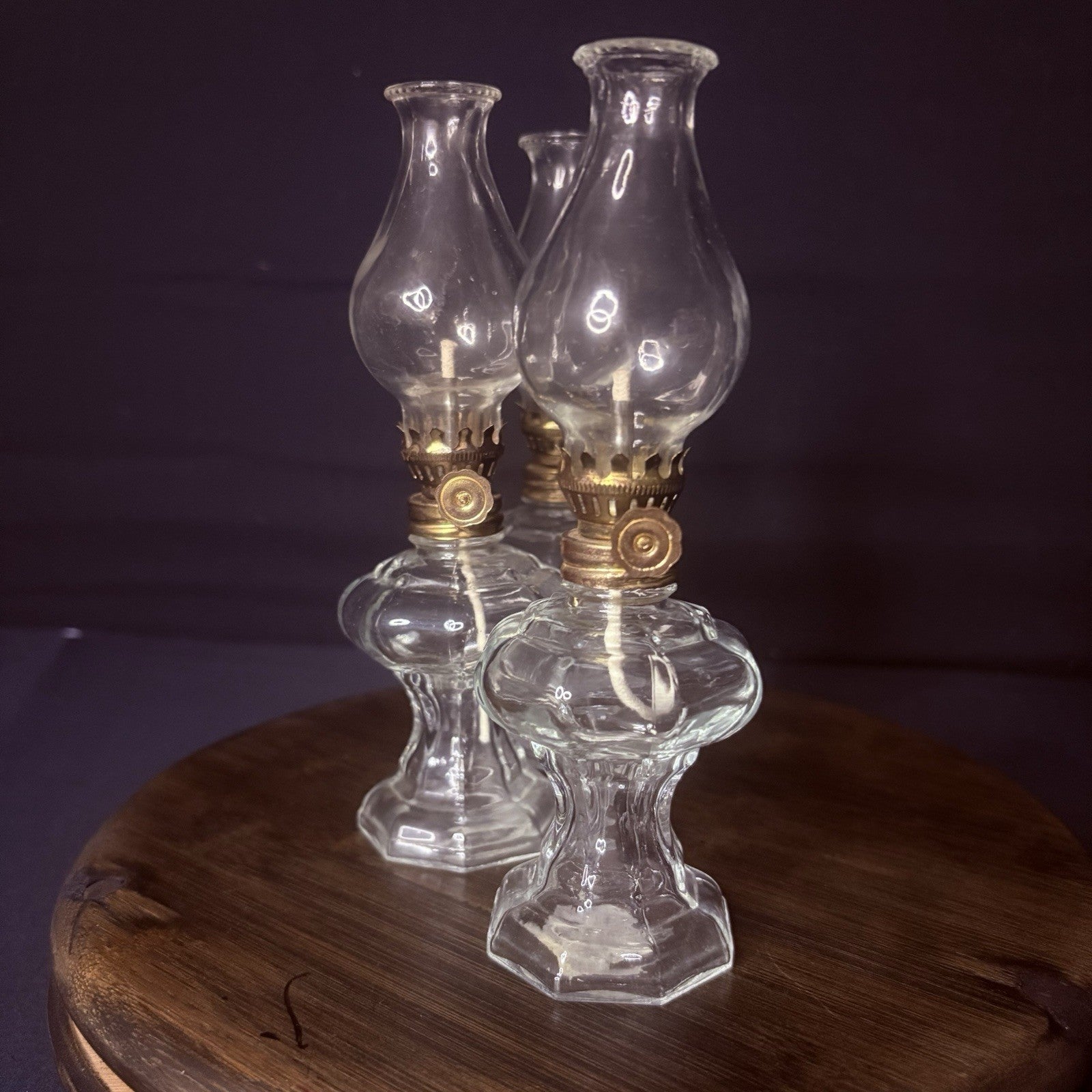 VTG 3 Miniature Hurricane Oil Lamp Set Of 3, Thick Glass Octagon Base - 6.5"13