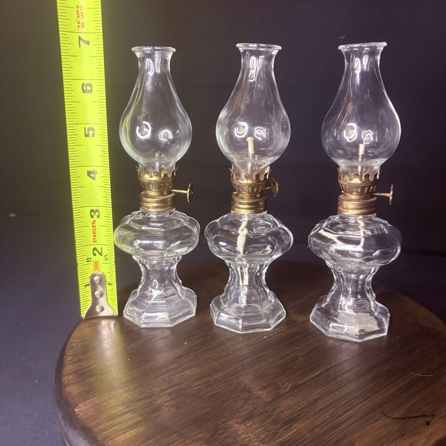 VTG 3 Miniature Hurricane Oil Lamp Set Of 3, Thick Glass Octagon Base - 6.5"11