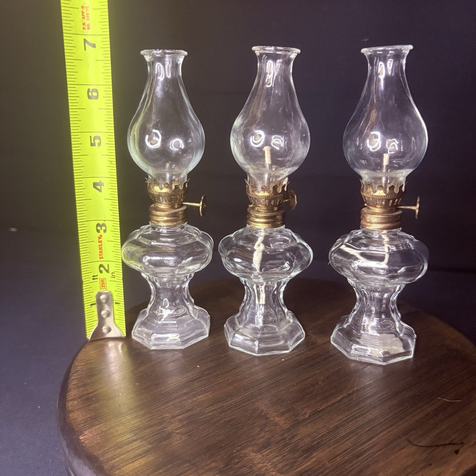 VTG 3 Miniature Hurricane Oil Lamp Set Of 3, Thick Glass Octagon Base - 6.5"11
