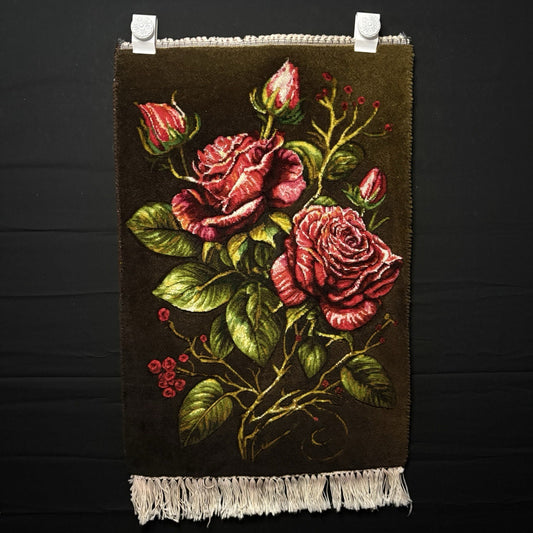 Persian Pictorial Rug Hand Knotted Silk 3D Roses 24”x16” 240KPSI w/Rug Hangers0