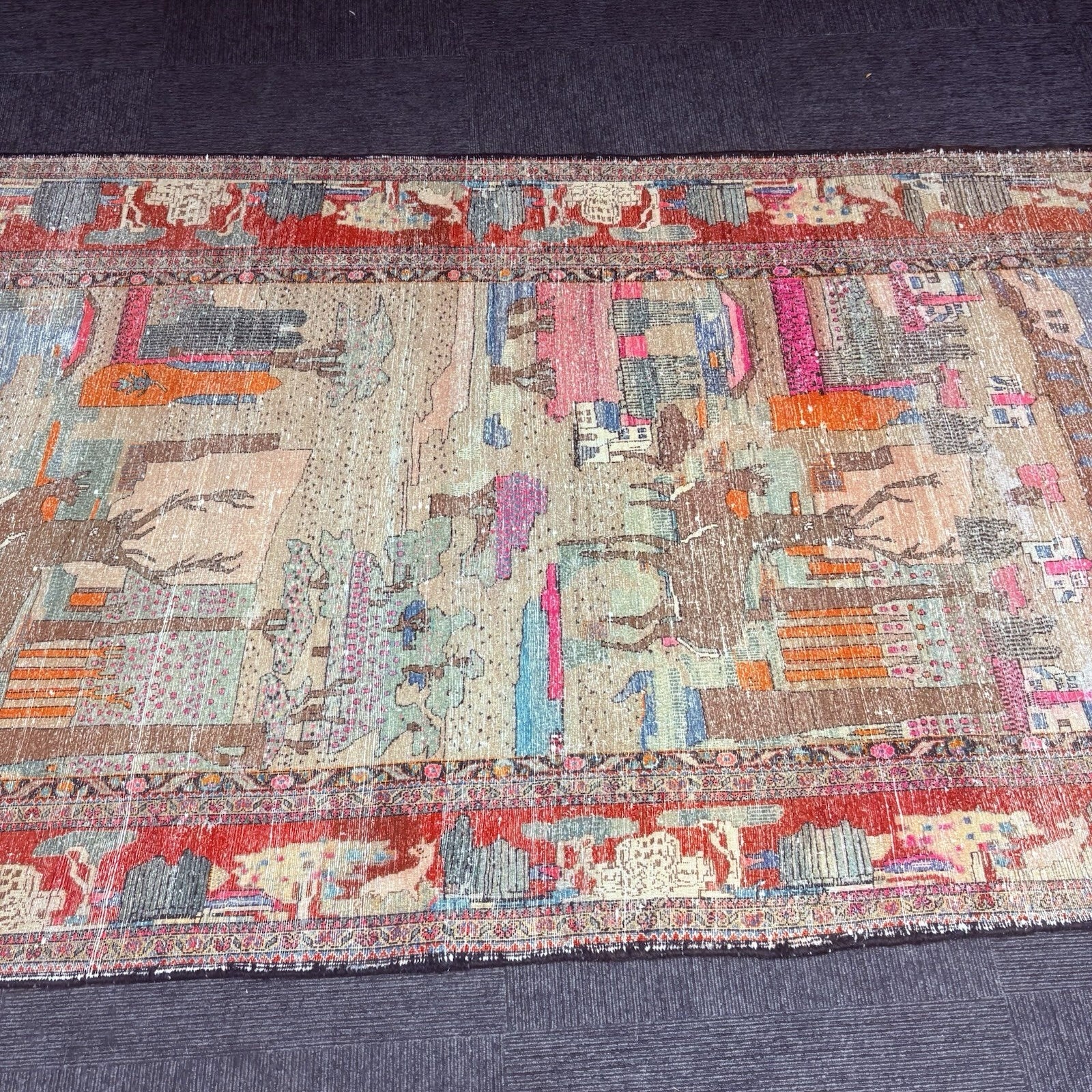 Antique Hand Knotted Pictorial Rug 9'x5' 1940s Kashann Rug21