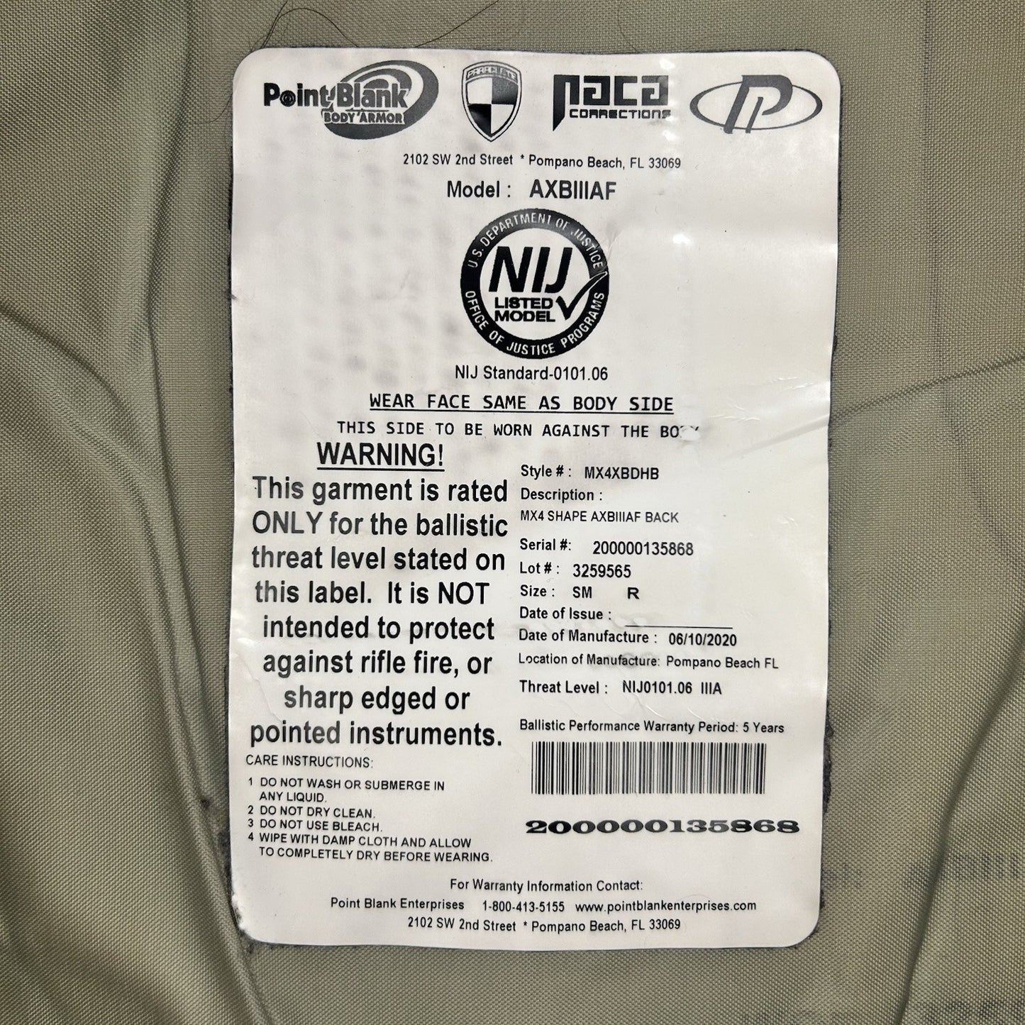 PB Armor 3A (IIIA) Ballistic Vest AXBIIIA (Size Female Small) Hi-Lite Vest~2020~10