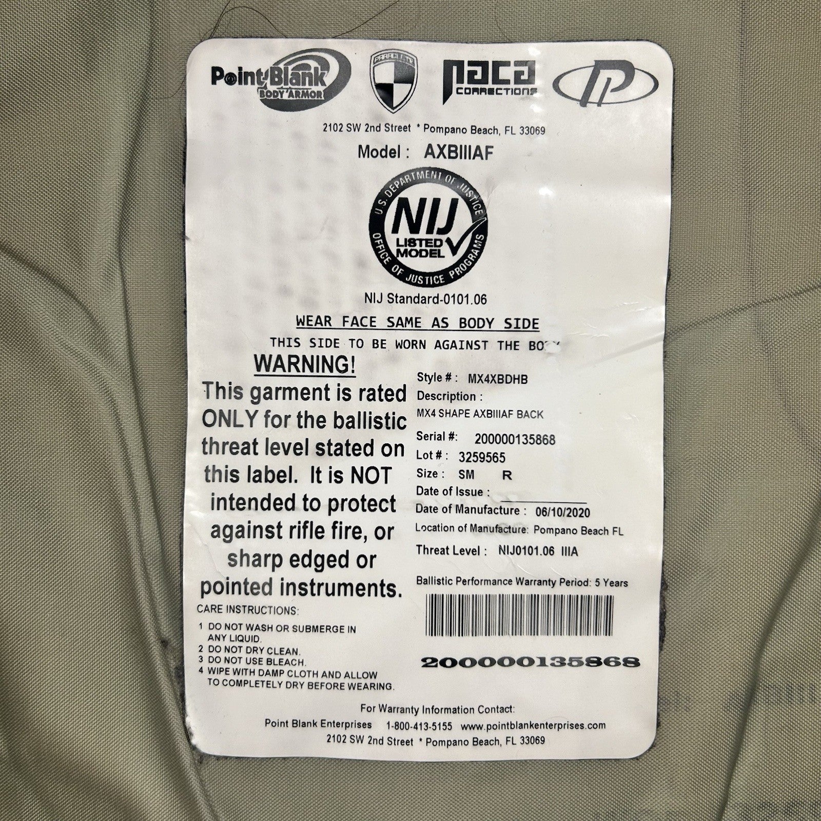 PB Armor 3A (IIIA) Ballistic Vest AXBIIIA (Size Female Small) Hi-Lite Vest~2020~10