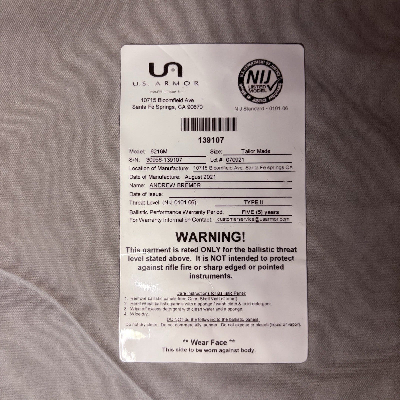 US Armor Level II (2) Bullet Proof Vest ~Size XL~ 2021 w/6x8 Trauma Plate15