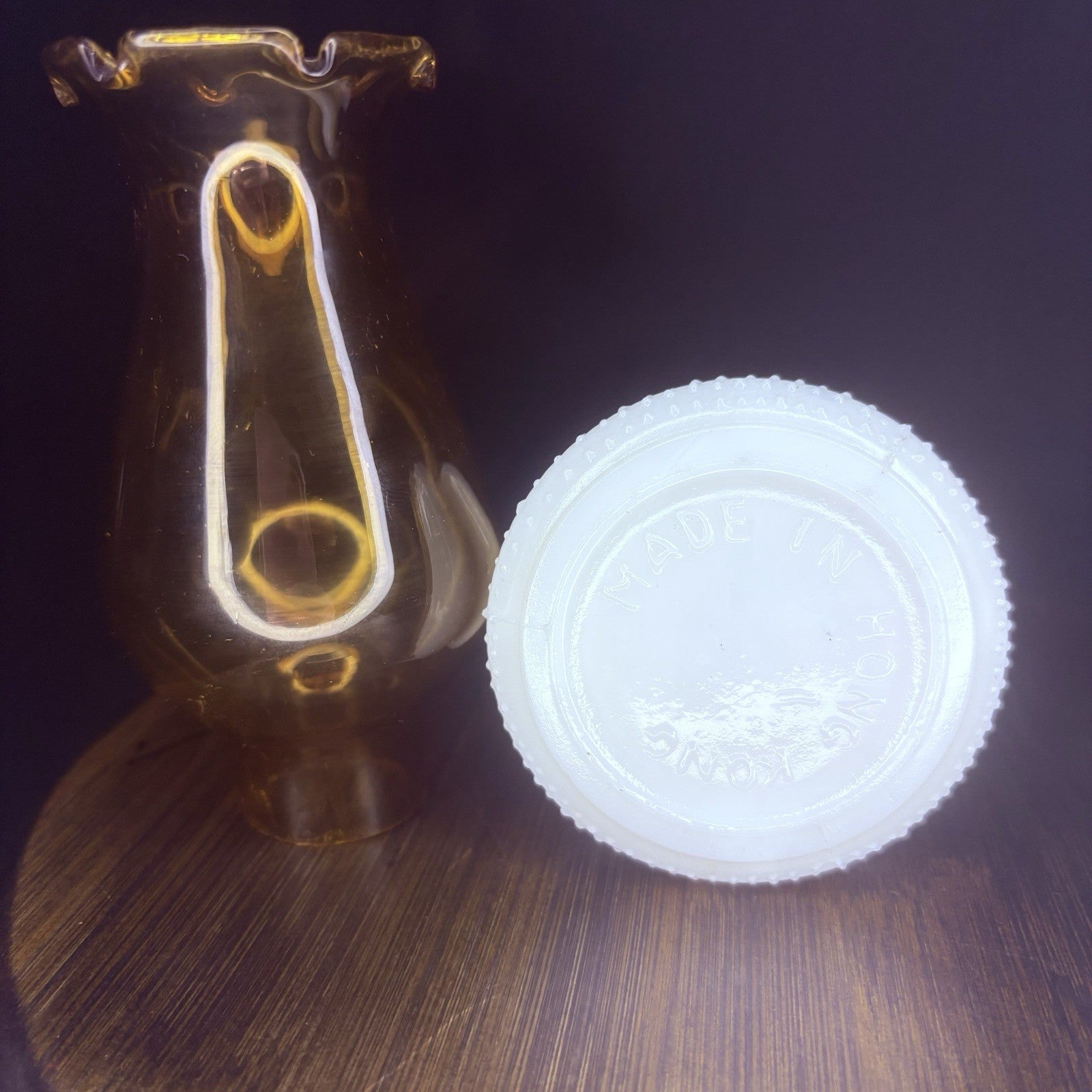 VTG Miniature Hurricane Oil Lamp Hobnail Milk Glass Base Amber Globe, Hong Kong8