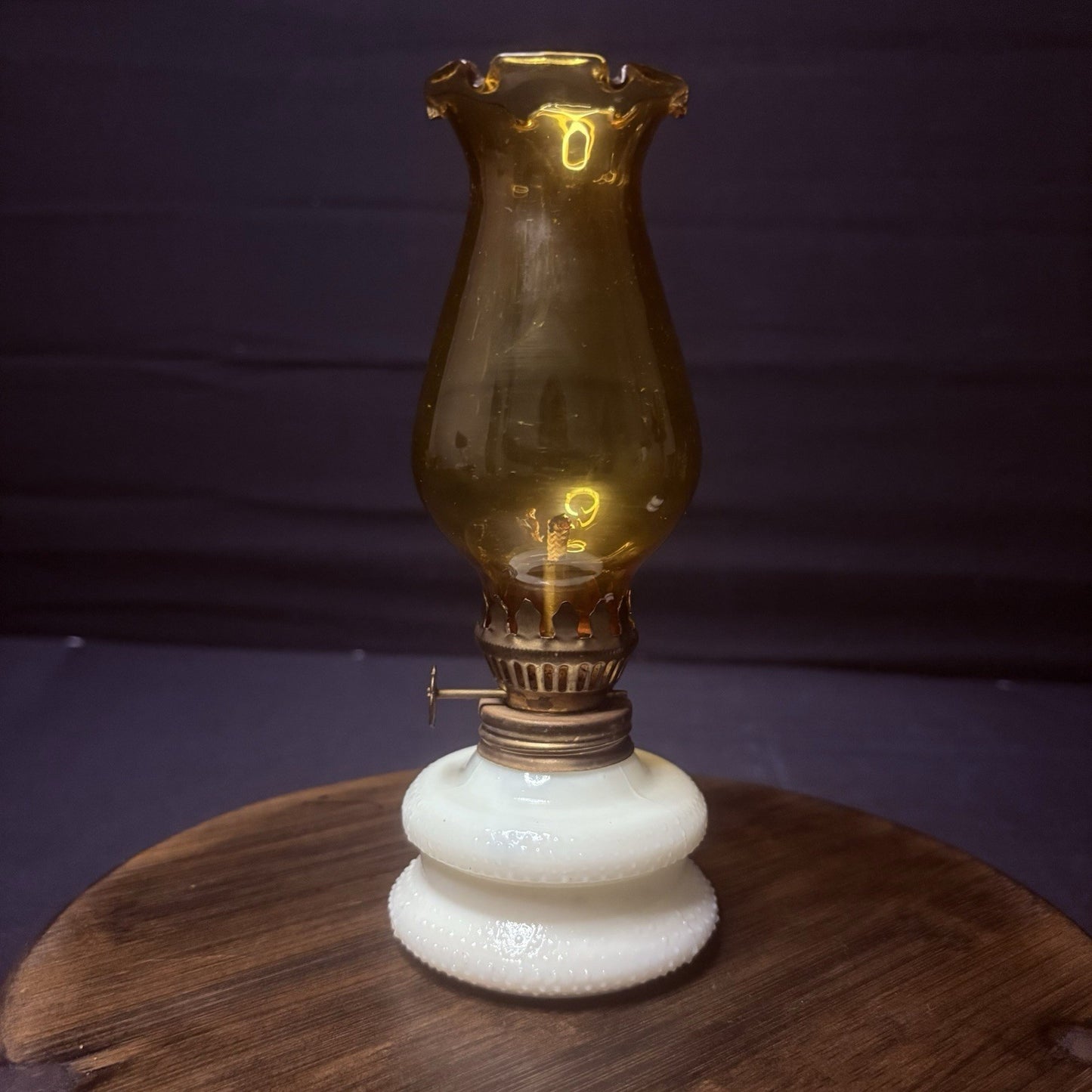 VTG Miniature Hurricane Oil Lamp Hobnail Milk Glass Base Amber Globe, Hong Kong0