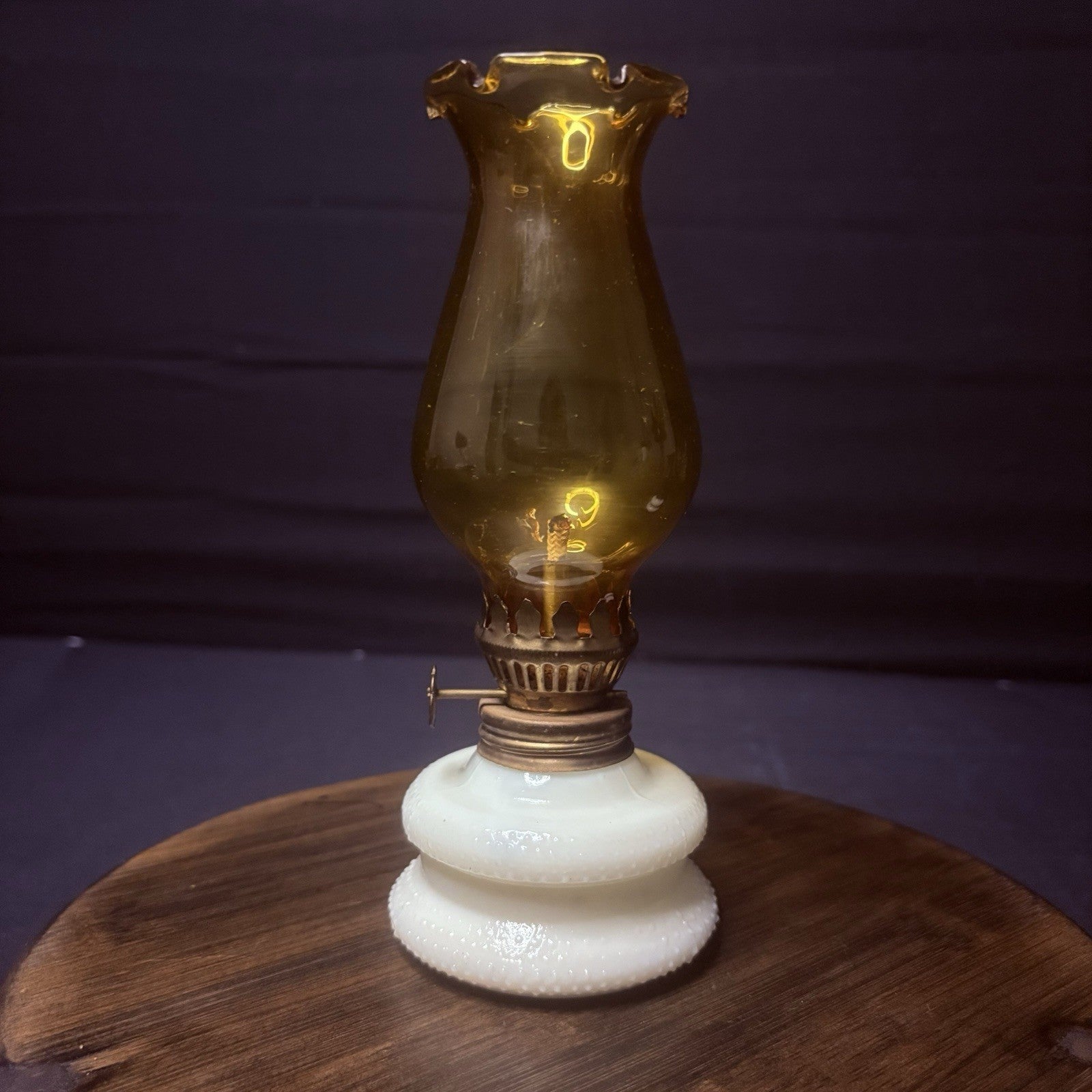 VTG Miniature Hurricane Oil Lamp Hobnail Milk Glass Base Amber Globe, Hong Kong0