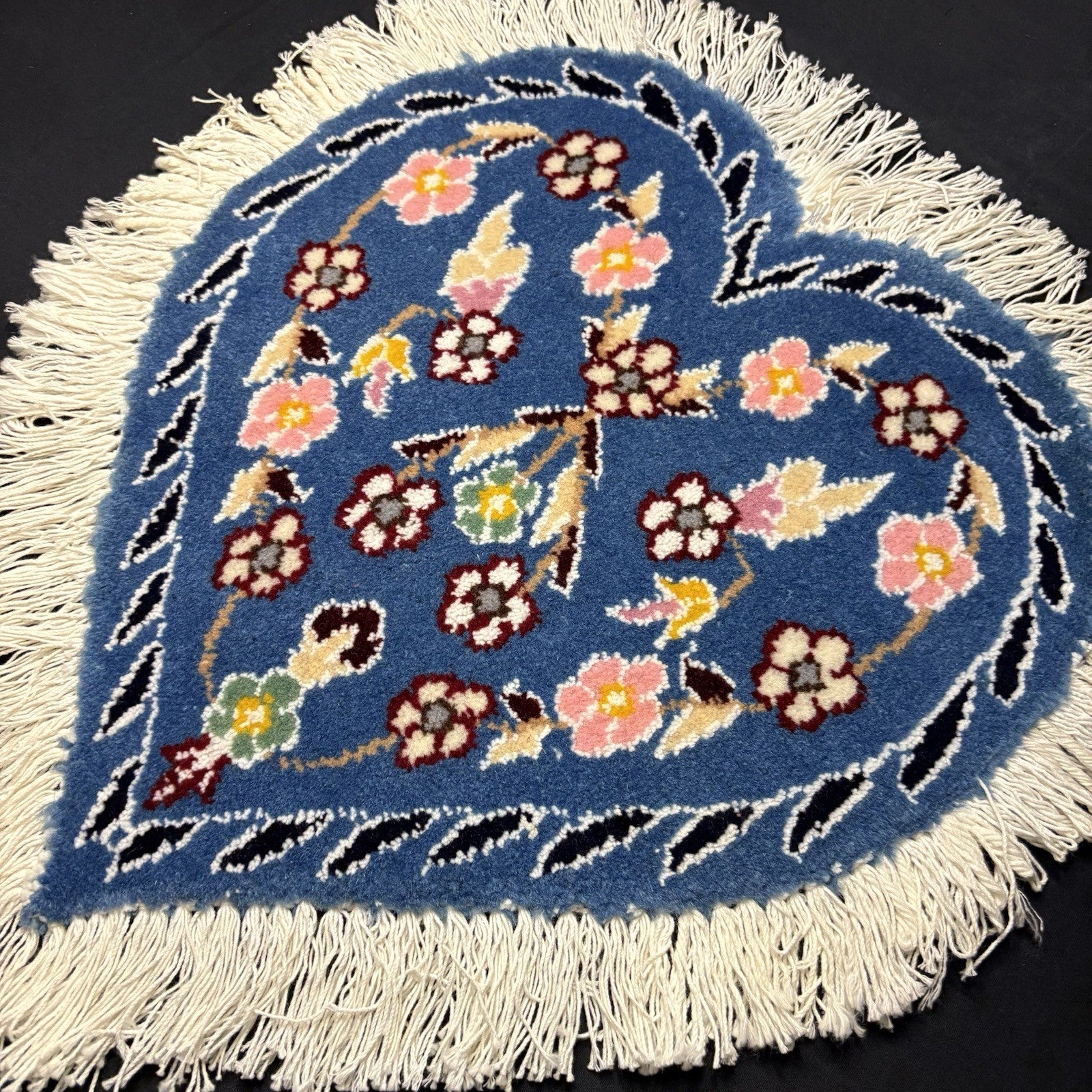 Hand Knotted Rug Heart Shape Purple w/Flowers 14”x13” VERY RARE1