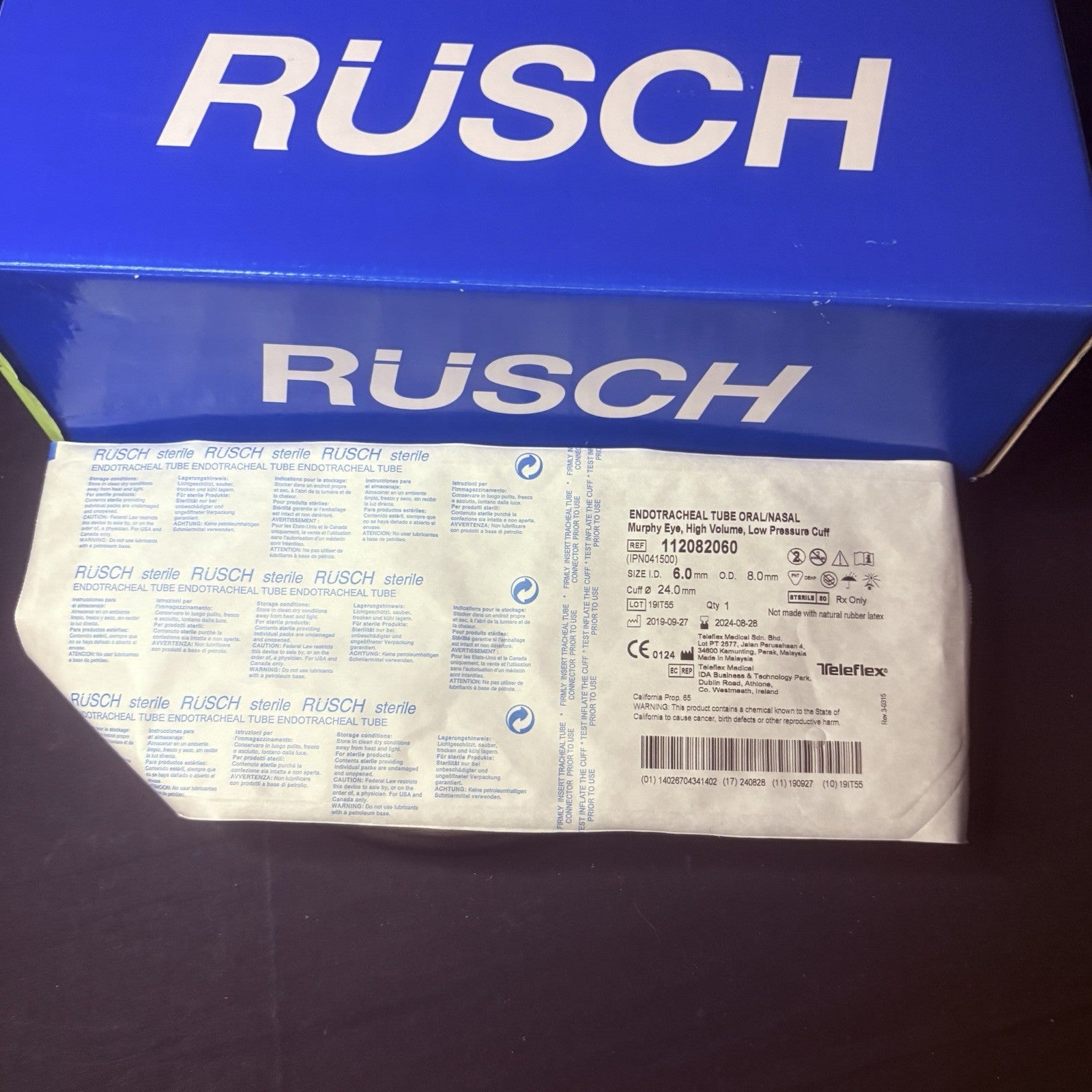 Rusch Box Of 10 Sterile Endotracheal Tube 6.0 mm w/Cuff Individually Packaged2