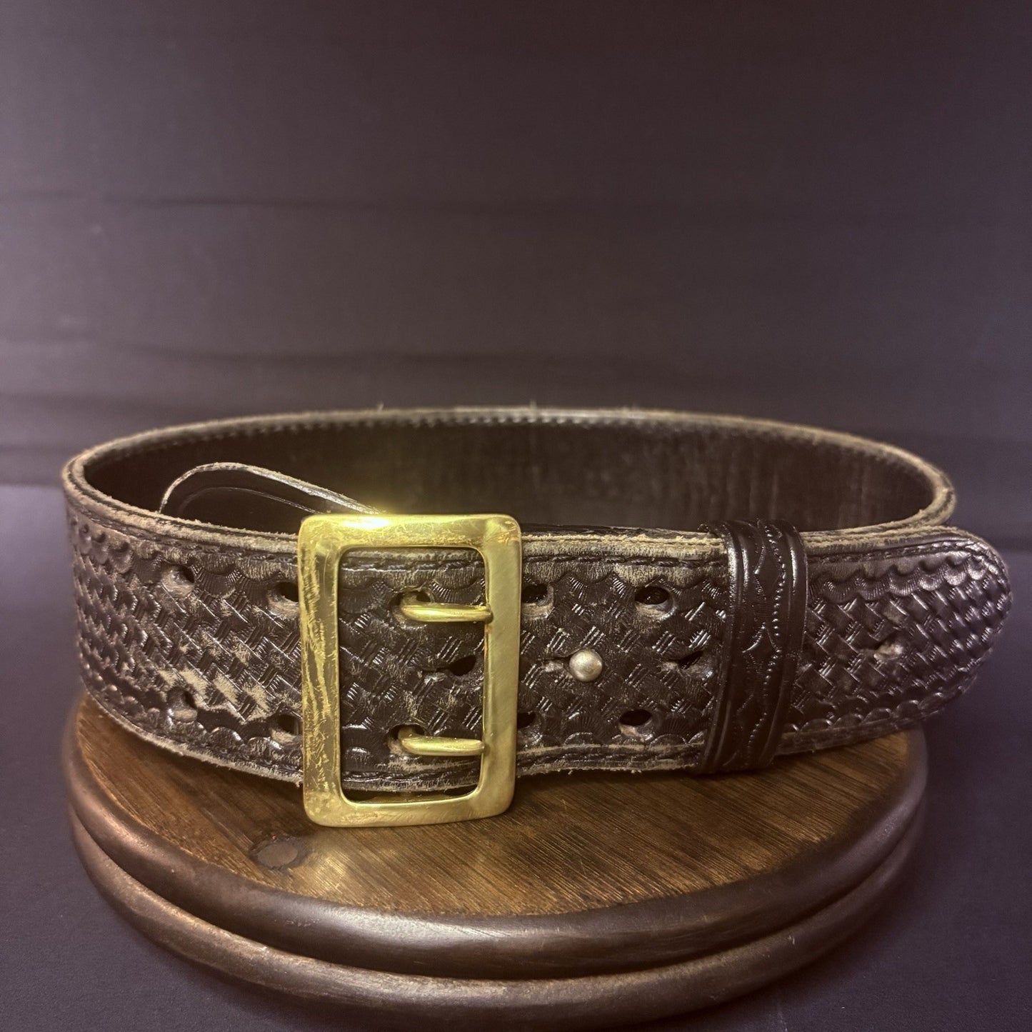 JS Leather Sam Browne Duty Belt Size 28" Black Basket Weave Leather Brass Buckle0