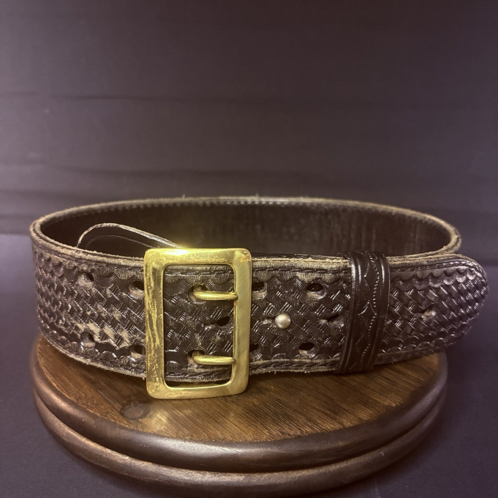 JS Leather Sam Browne Duty Belt Size 28" Black Basket Weave Leather Brass Buckle0