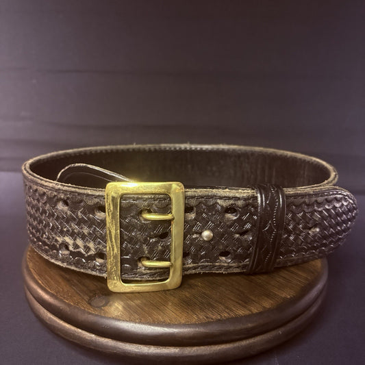 JS Leather Sam Browne Duty Belt Size 28" Black Basket Weave Leather Brass Buckle0