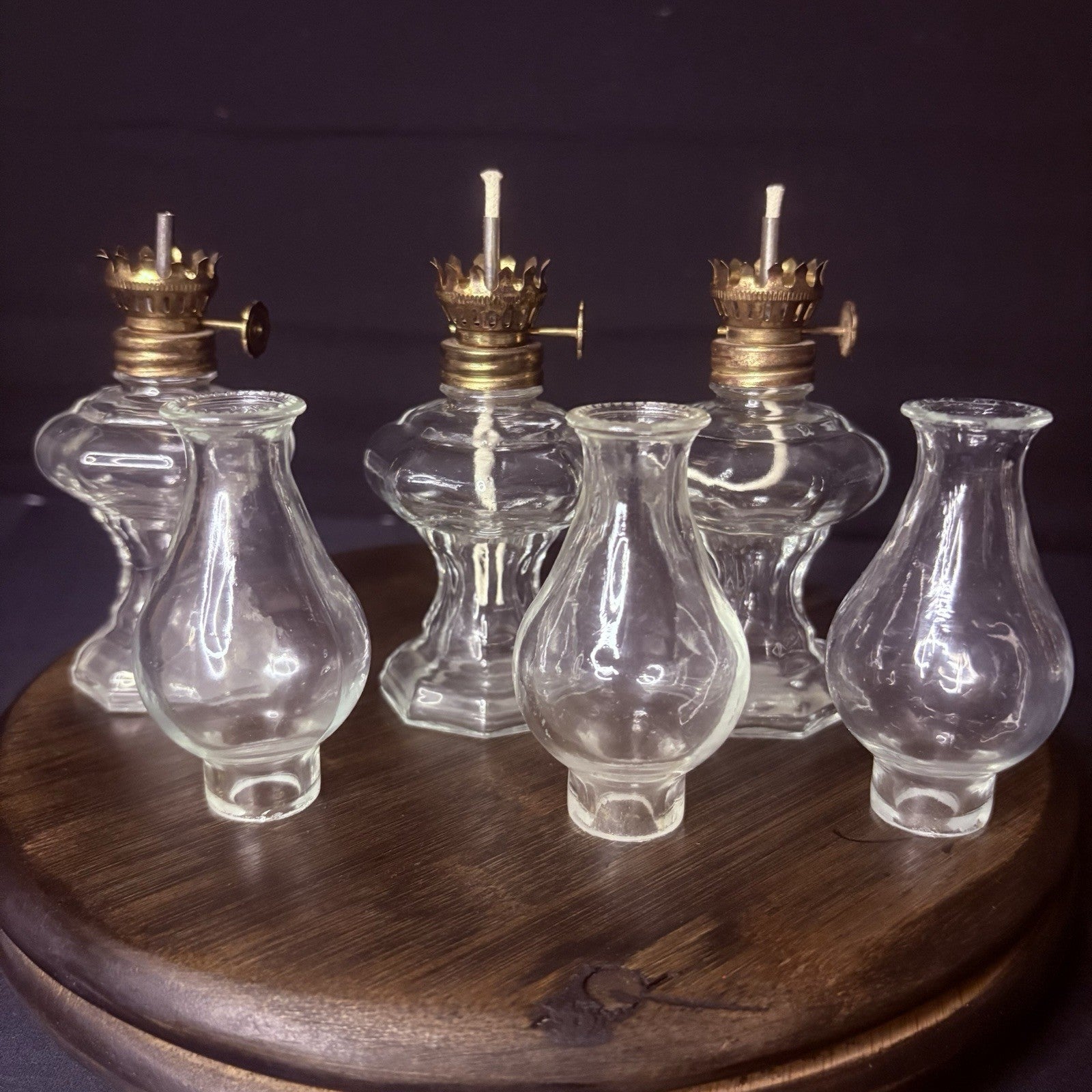 VTG 3 Miniature Hurricane Oil Lamp Set Of 3, Thick Glass Octagon Base - 6.5"4