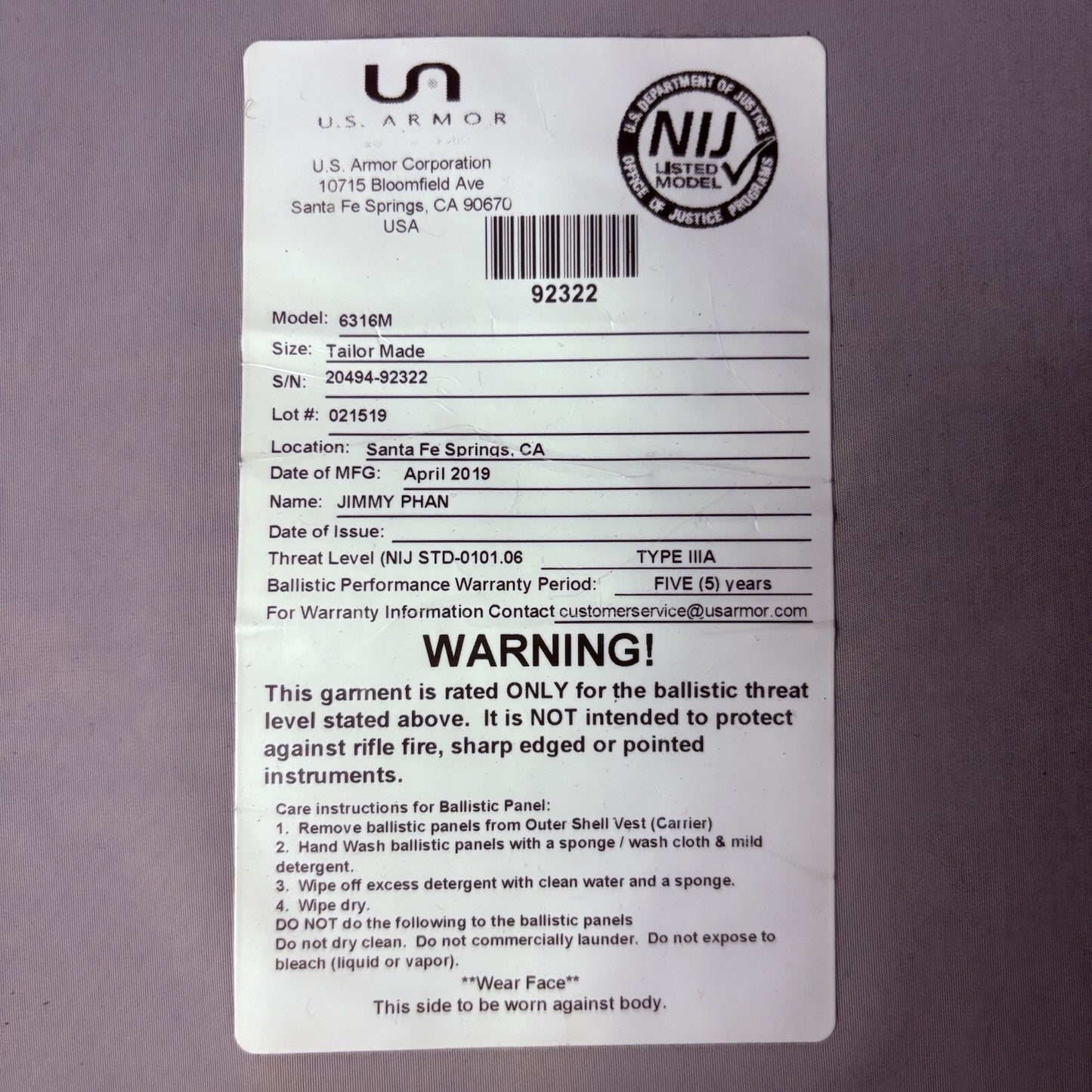 US Armor IIIA (3A) Bullet Proof Concealable Vest ~Size Medium~ 201913