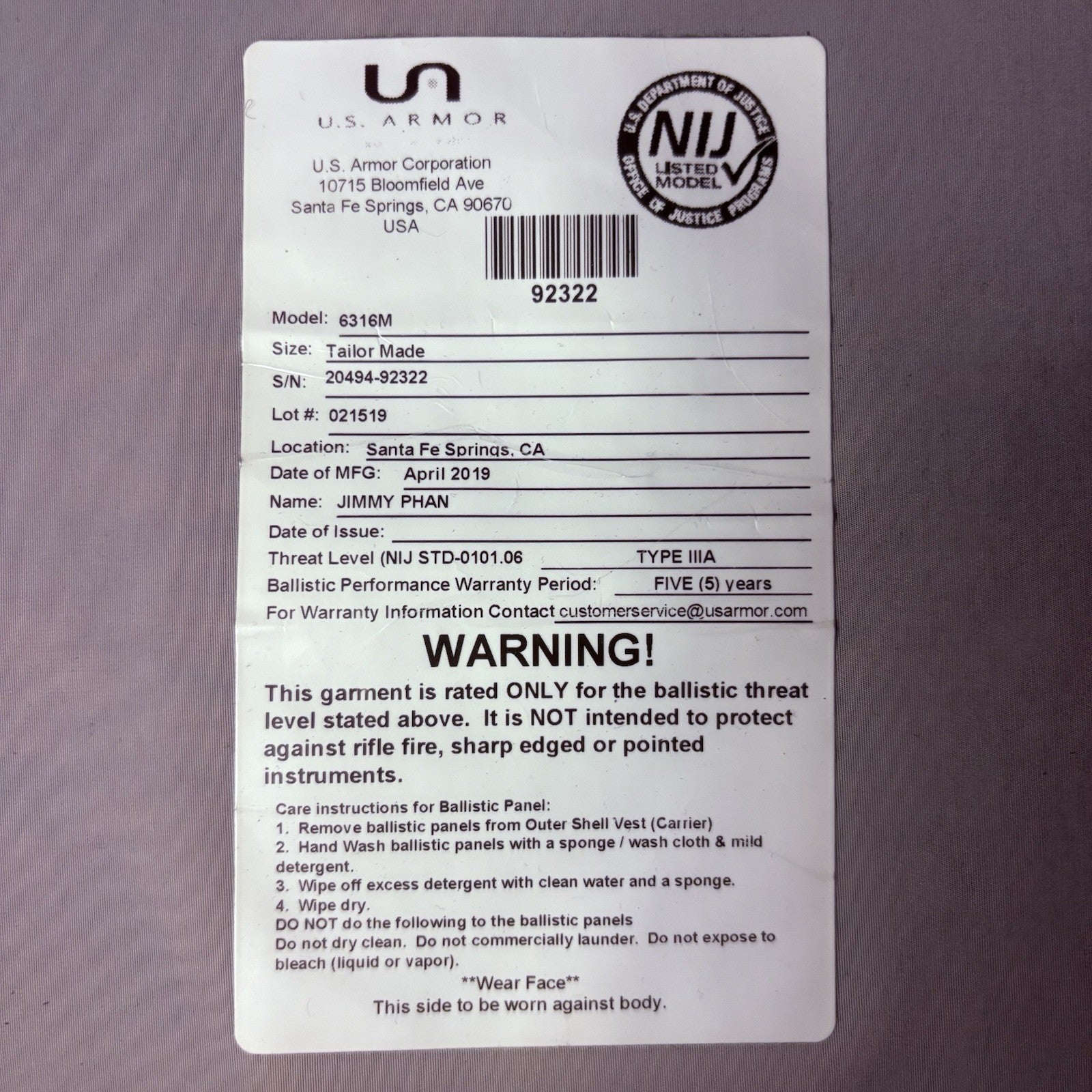 US Armor IIIA (3A) Bullet Proof Concealable Vest ~Size Medium~ 201913