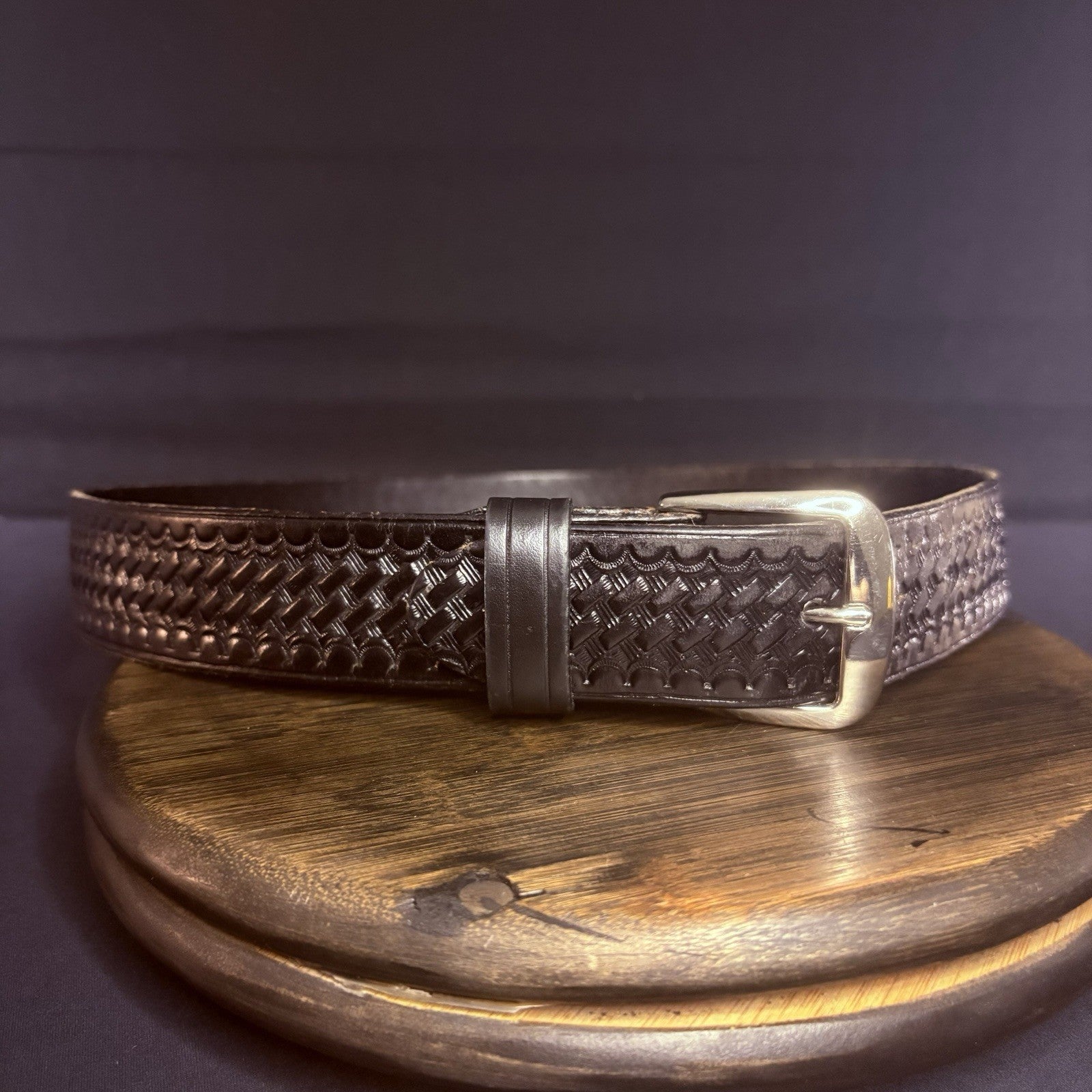 JS Leather Off Duty Belt Size 32" Black Basket Weave Chrome Buckle0