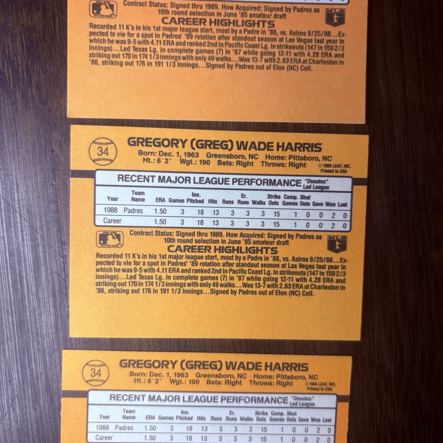 (Lot Of 3) 1989 Donruss #34 Greg Harris Rated Rookie San Diego Padres Pittsboro7