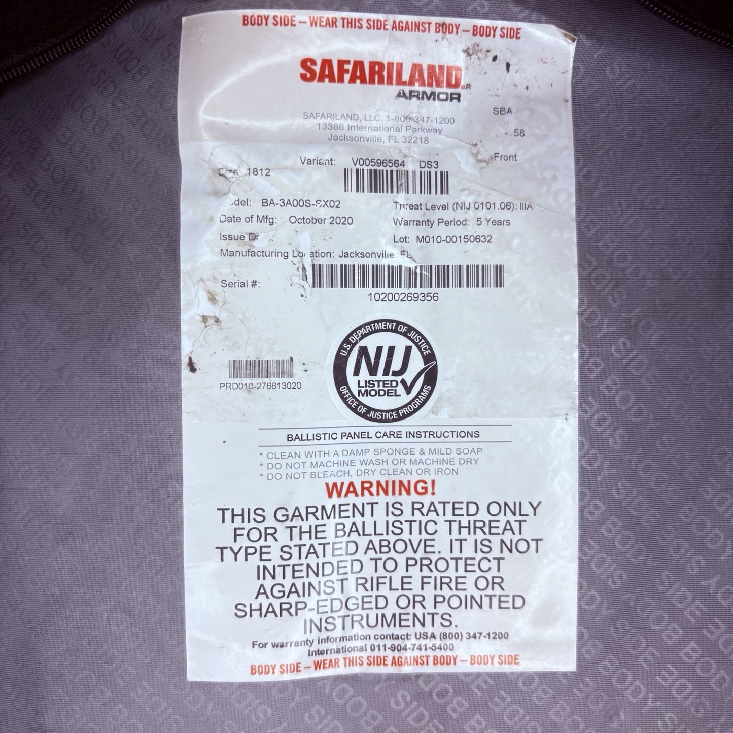 Safariland SX 3A Vest Size Medium Thin Bullet Proof IIIA Ballistic Armor 202011