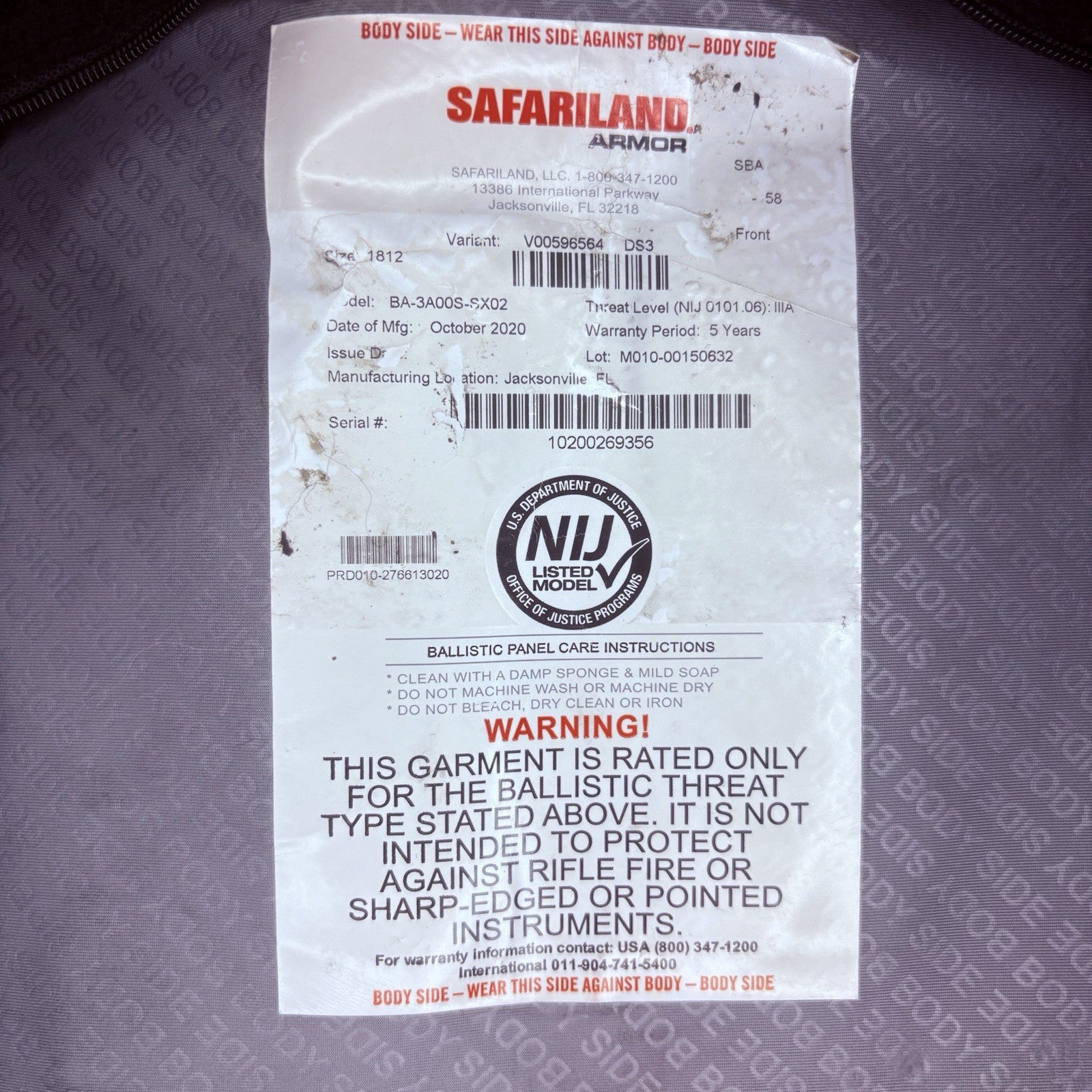 Safariland SX 3A Vest Size Medium Thin Bullet Proof IIIA Ballistic Armor 202011