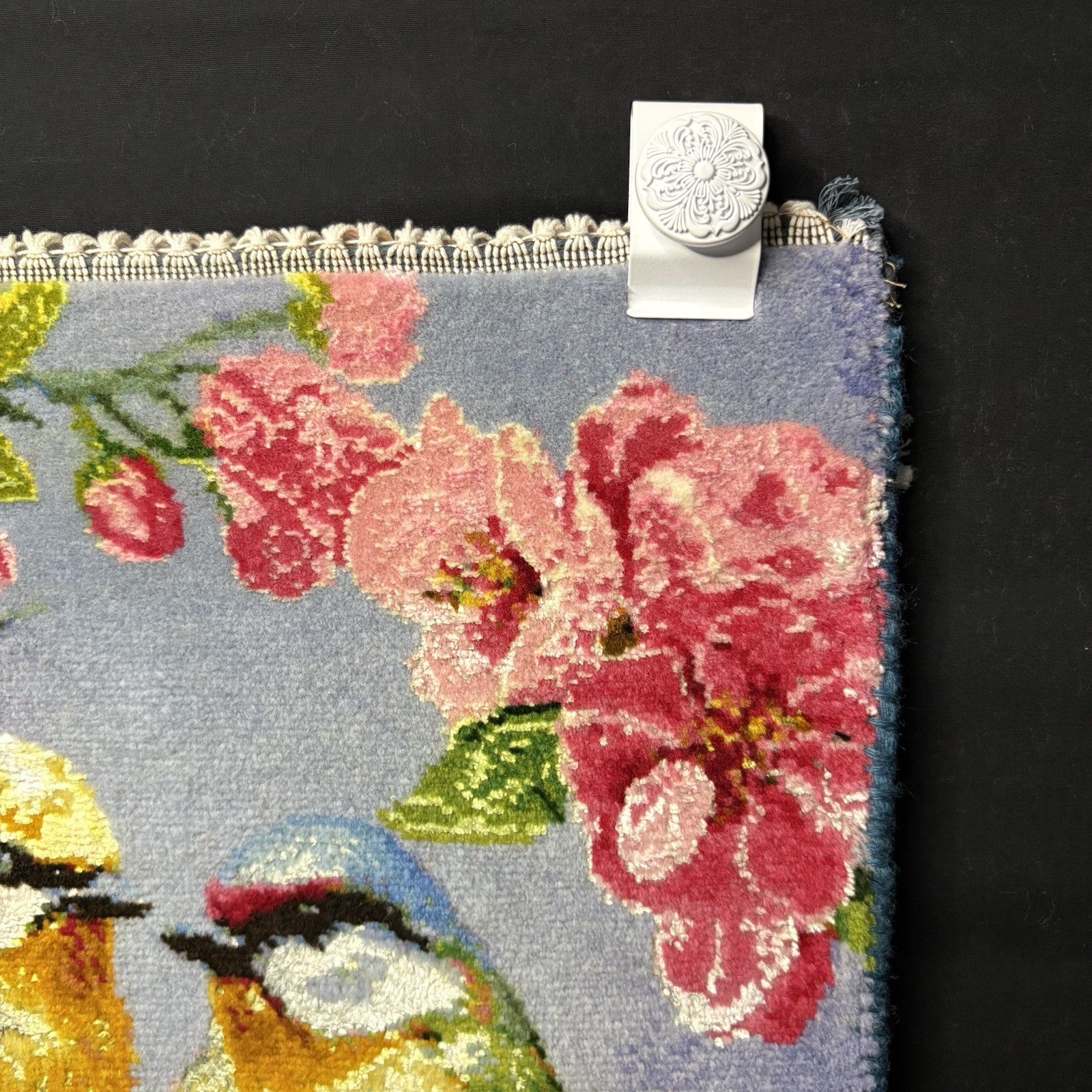 Per’sian Pictorial Rug Hand Knotted Birds & Flowers w/Silk 21”x15” w/Rug Hangers11