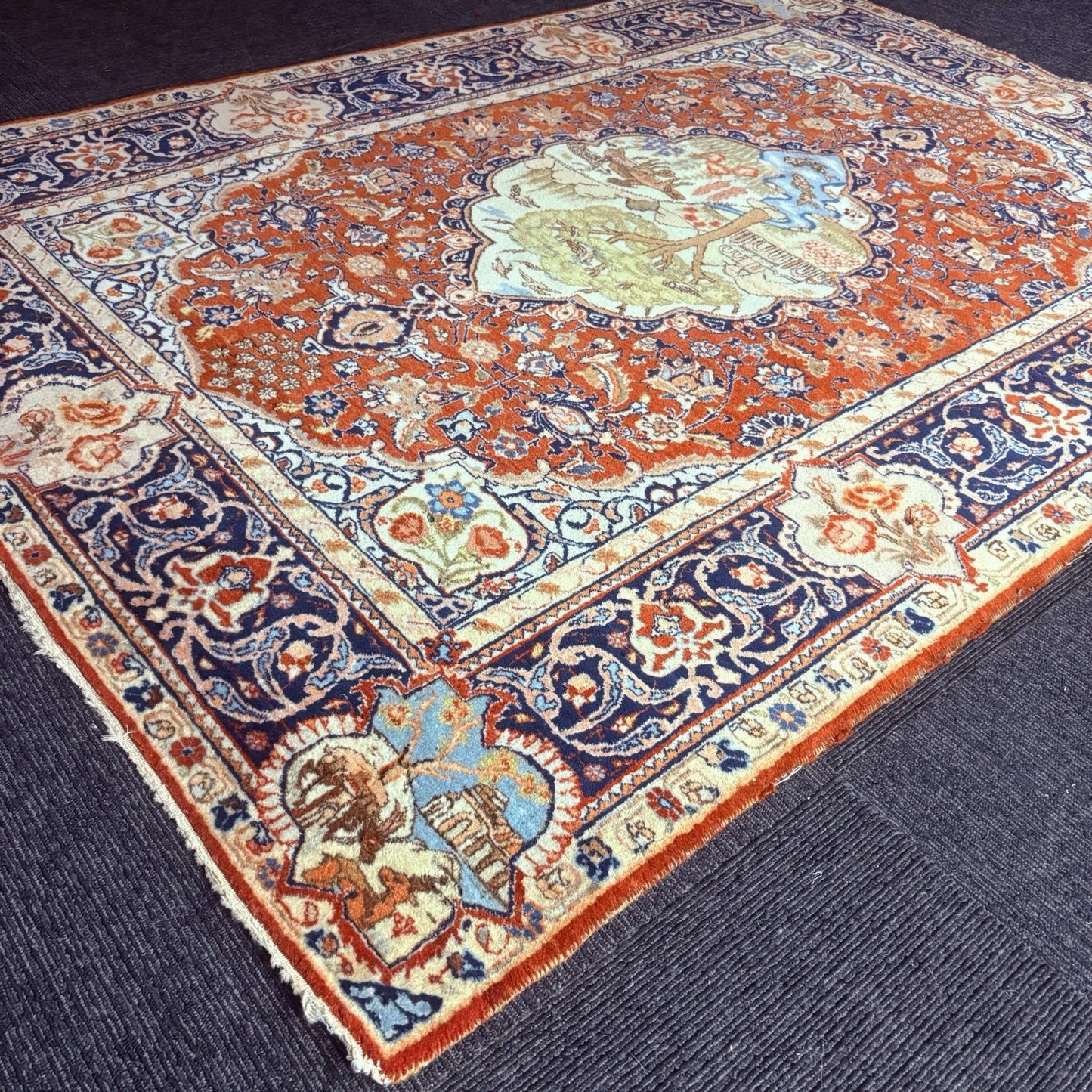 Antique Persian Hand Knotted Pictorial Rug 4'x6' 289 KPSI 1940s Tabrizz Rug8