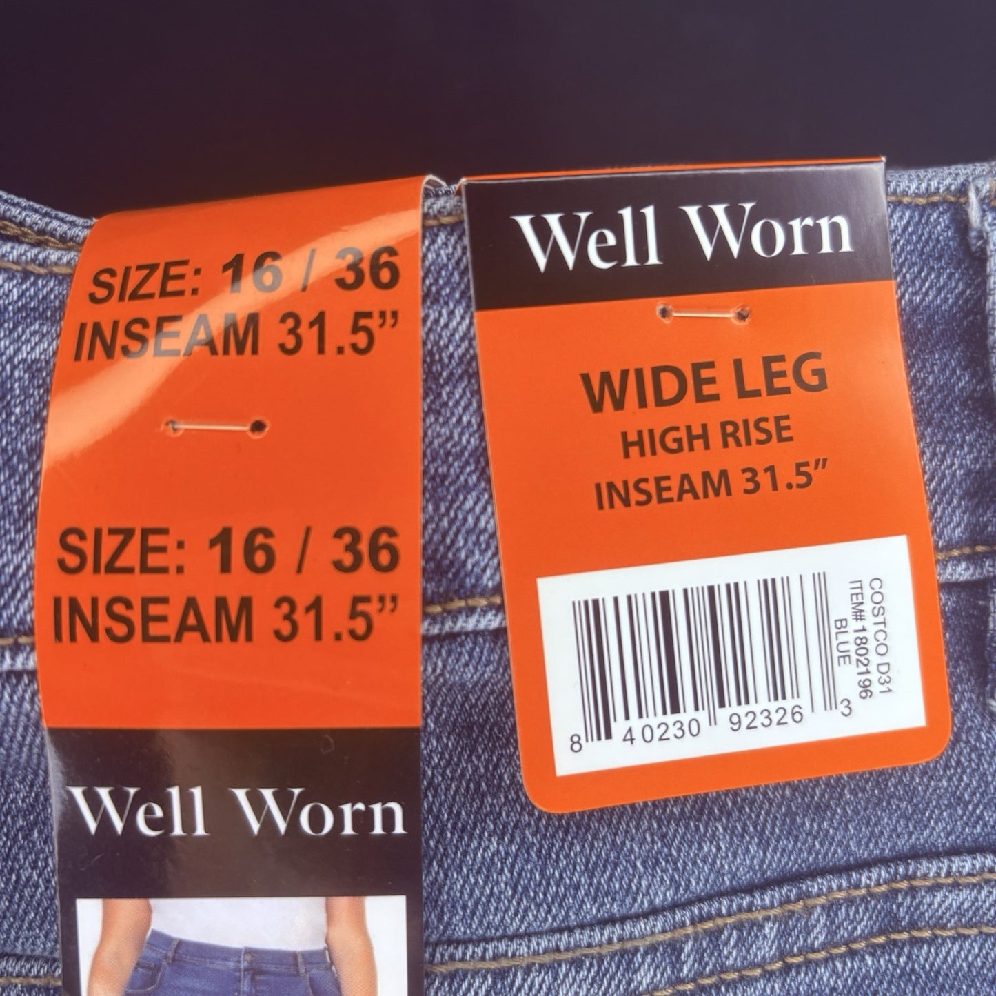 Well Worn Wide Leg High Rise Blue Jeans, SIZE 16/36 31.5" Long NWT5