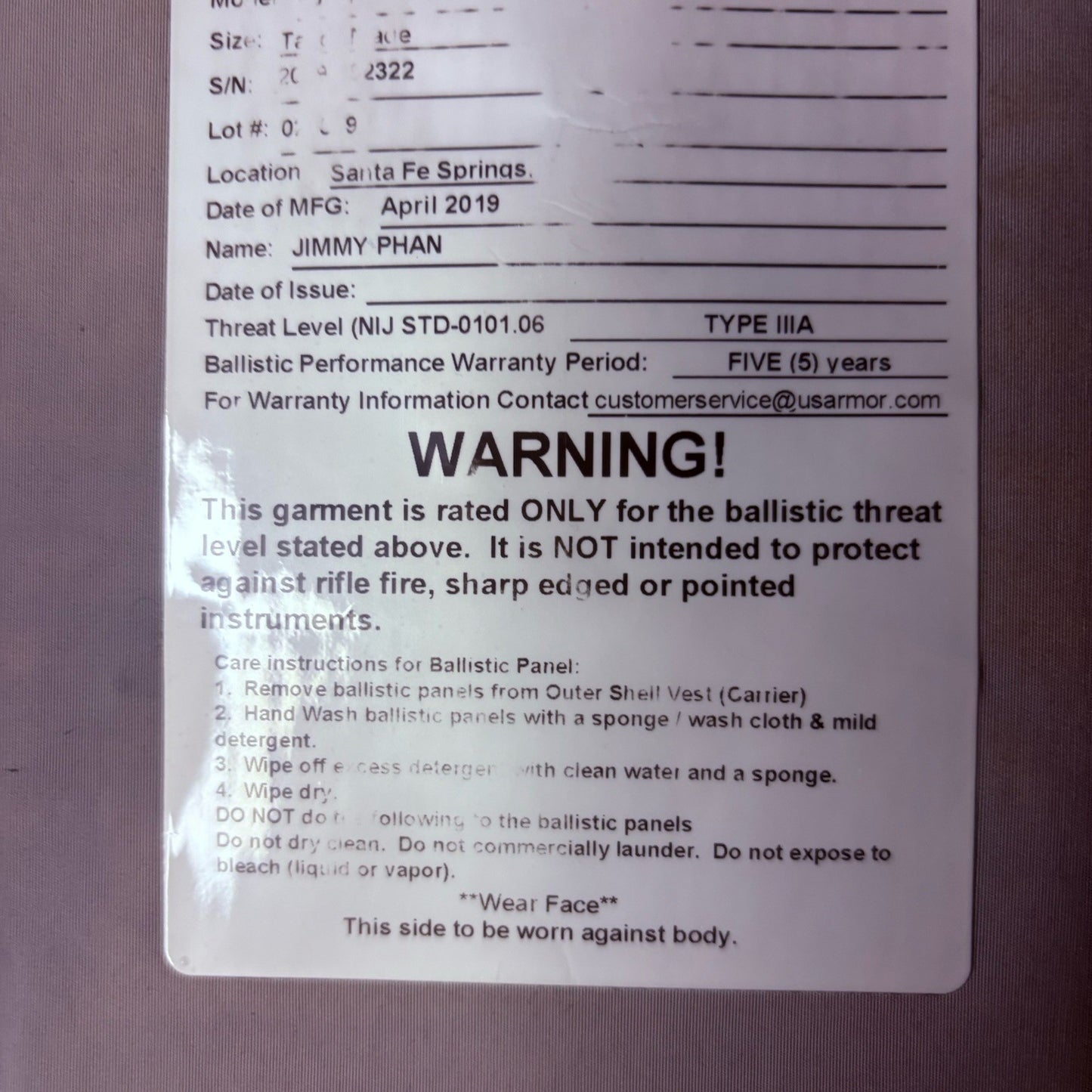 US Armor IIIA (3A) Bullet Proof Concealable Vest ~Size Medium~ 201910