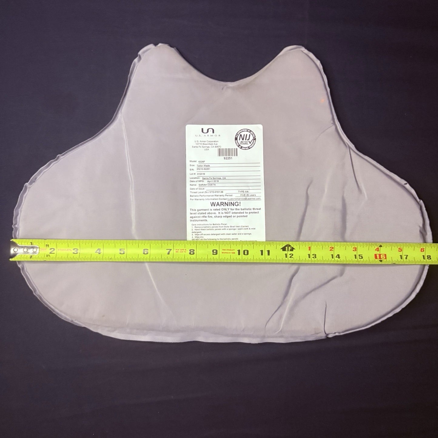 US Armor IIIA (3A) Bullet Proof Concealable Vest -Size Female Small- 201915