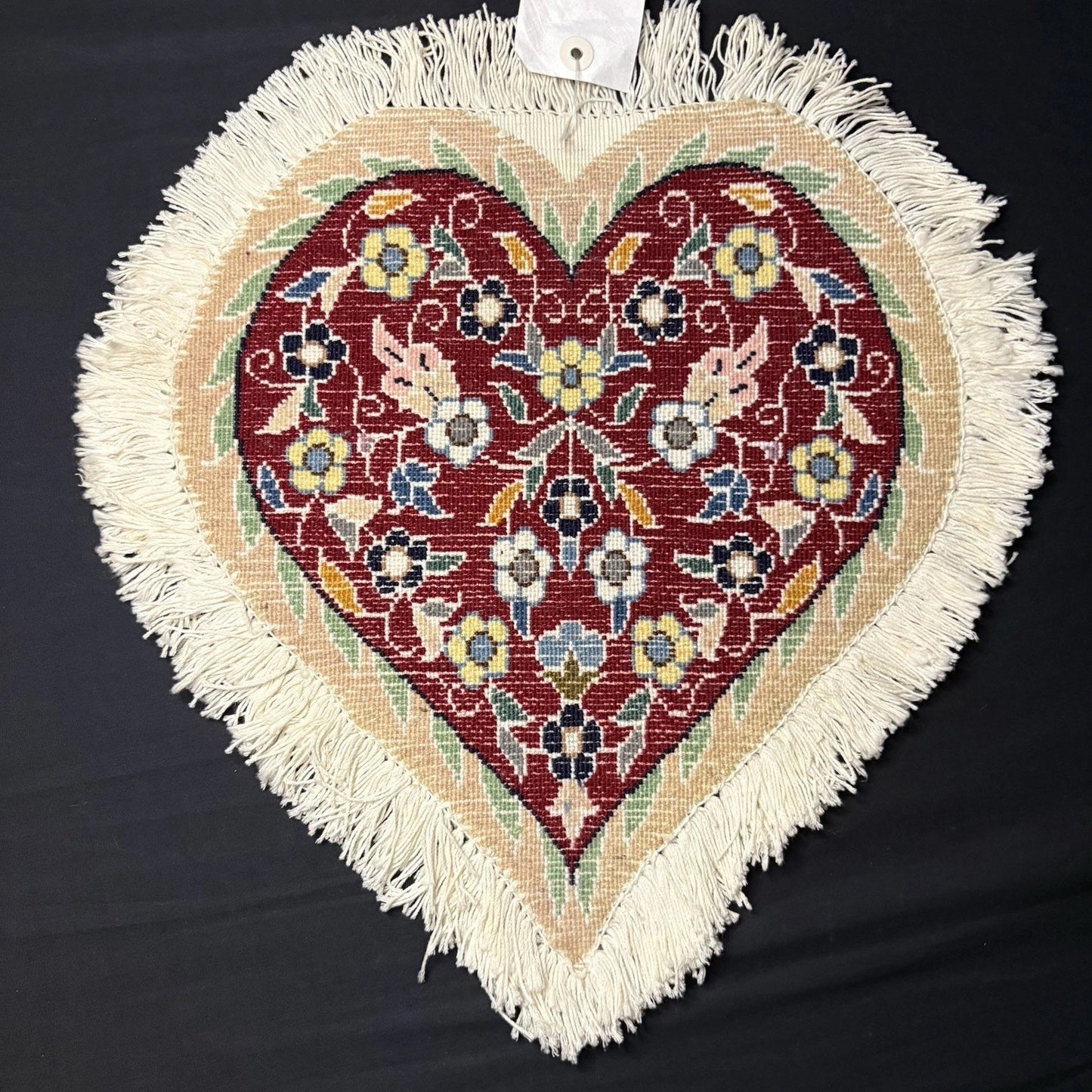 Heart Shape Rug Red w/Flowers Hand Knotted 14”x13” RARE 240 KPSI2