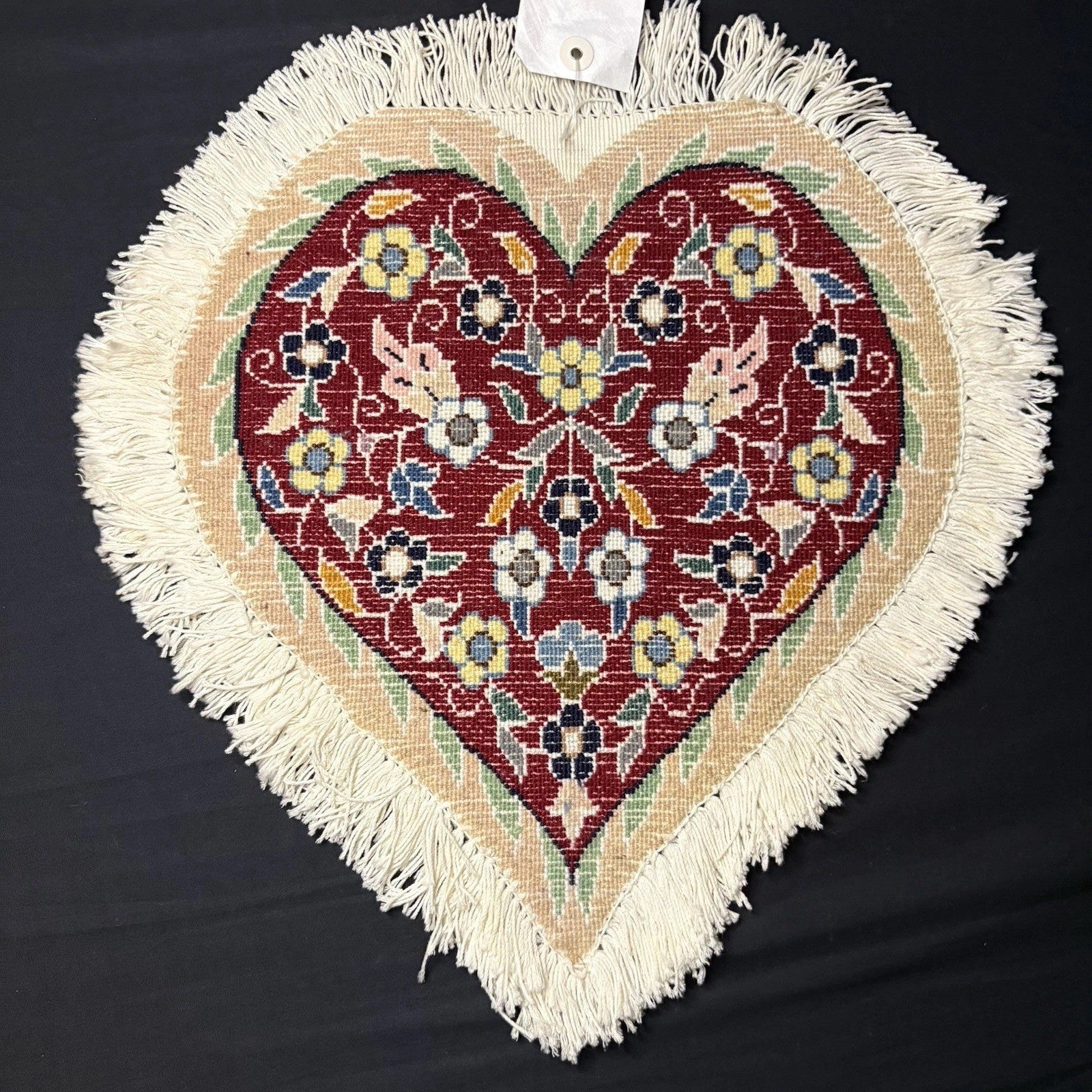 Heart Shape Rug Red w/Flowers Hand Knotted 14”x13” RARE 240 KPSI2