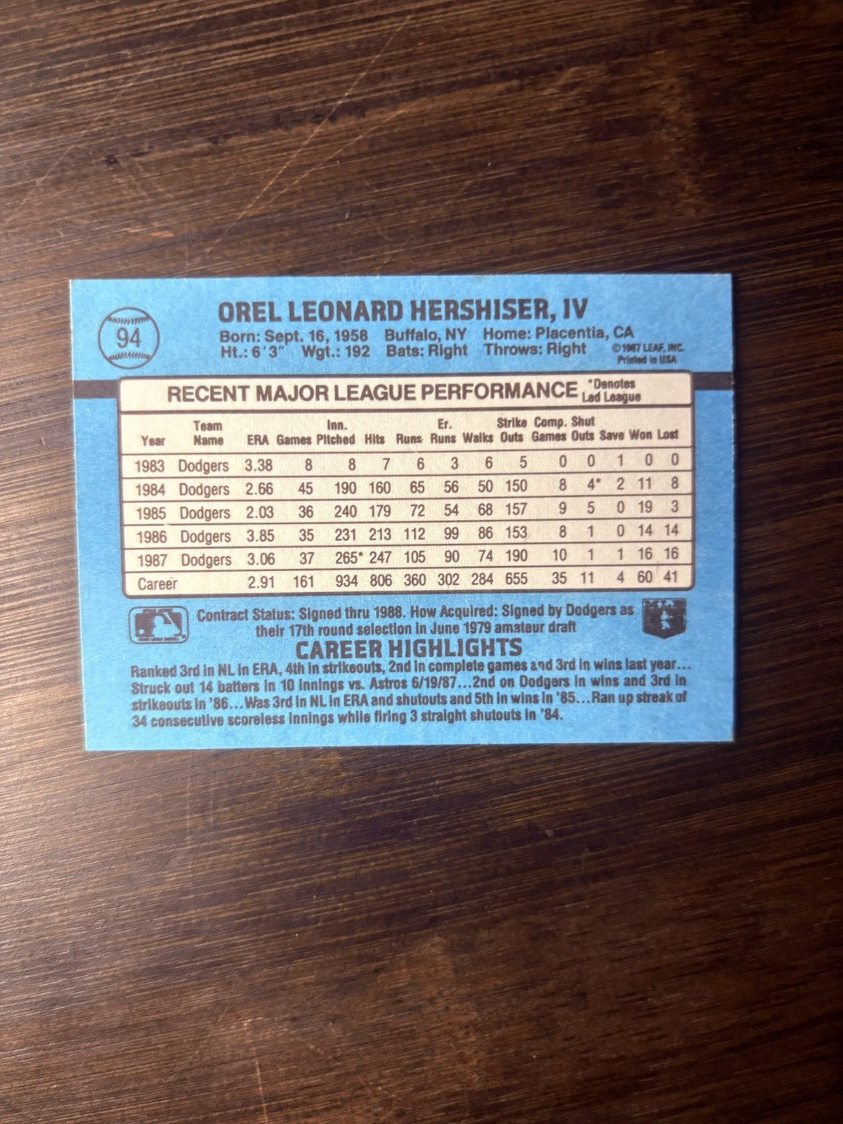 Orel Hershiser Pitcher Los Angeles Dodgers Donruss 1988 Card #941