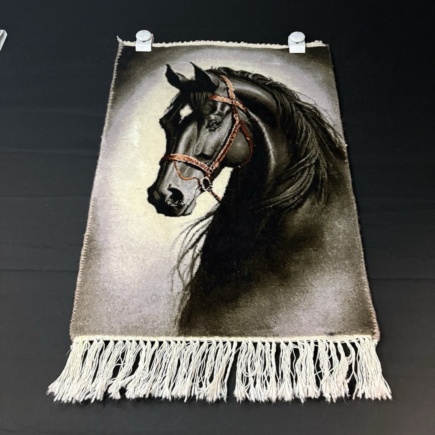 Pictorial Rug Hand Knotted Horse 22”x16” 55X40cm w/Rug Hangers3
