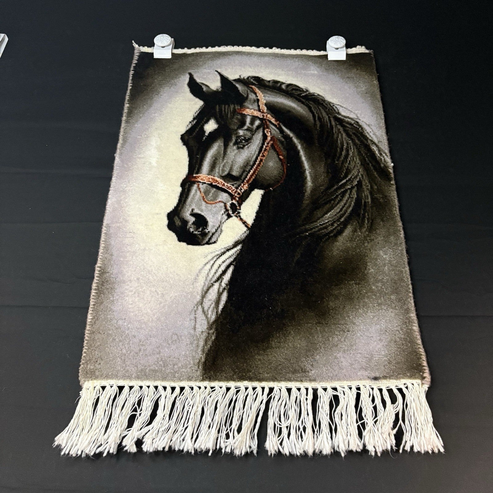 Pictorial Rug Hand Knotted Horse 22”x16” 55X40cm w/Rug Hangers3