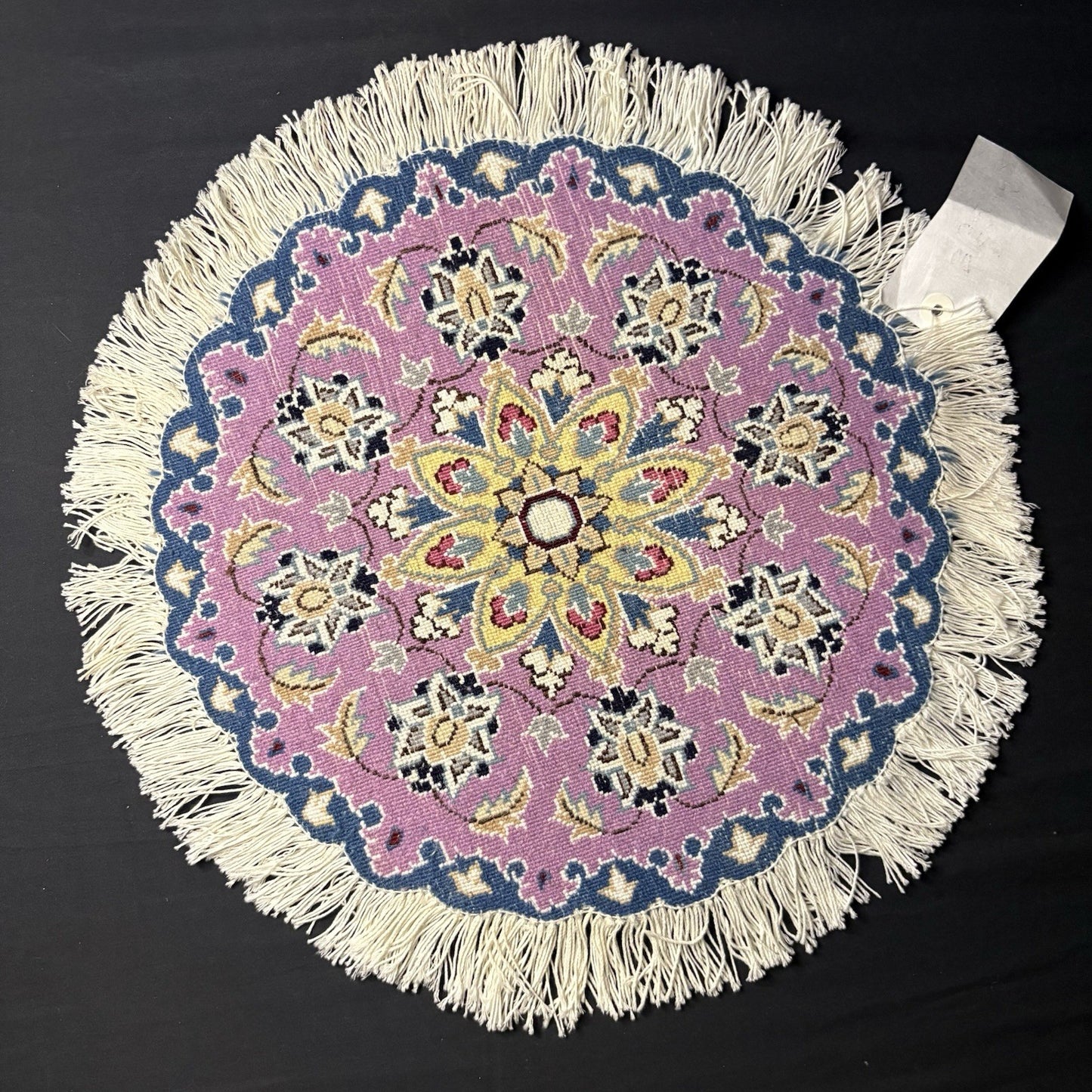 Persian Nain Round Rug Purple Medallion Rug Hand Knotted Size 15”x15” Or 38cm1