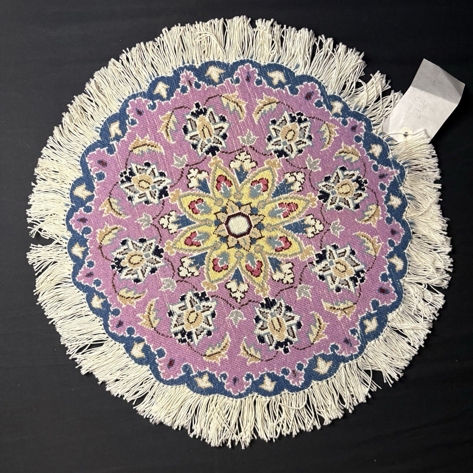 Persian Nain Round Rug Purple Medallion Rug Hand Knotted Size 15”x15” Or 38cm1