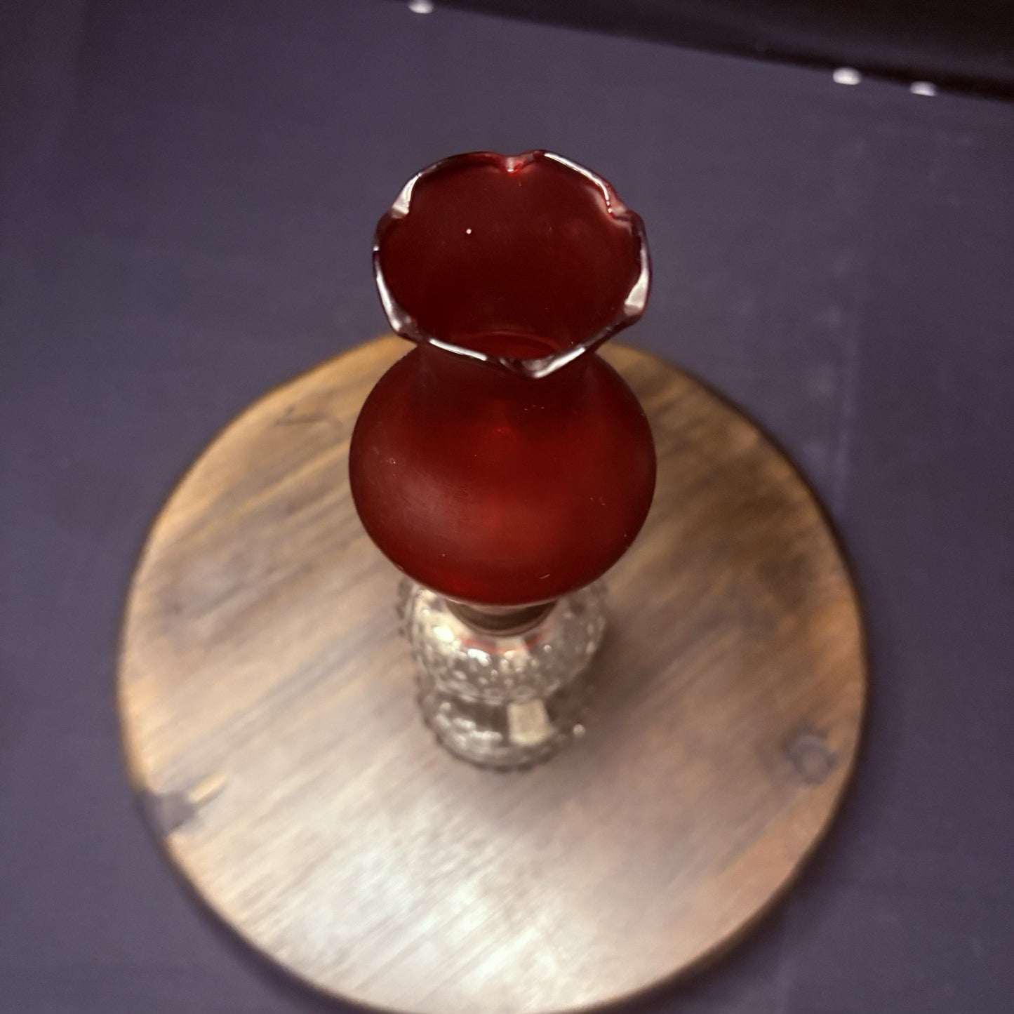 VTG Miniature Hurricane Oil Lamp Clear Hobnail Bubble Base, Ruby Red Bell Globe6