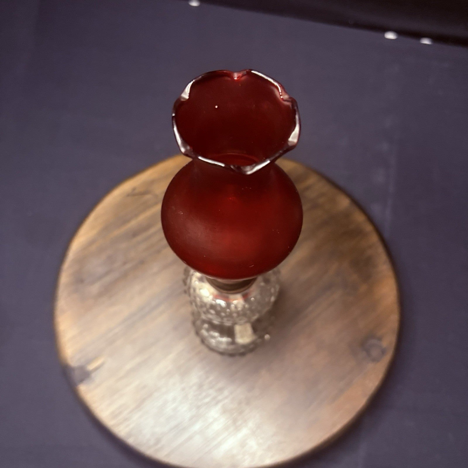 VTG Miniature Hurricane Oil Lamp Clear Hobnail Bubble Base, Ruby Red Bell Globe6