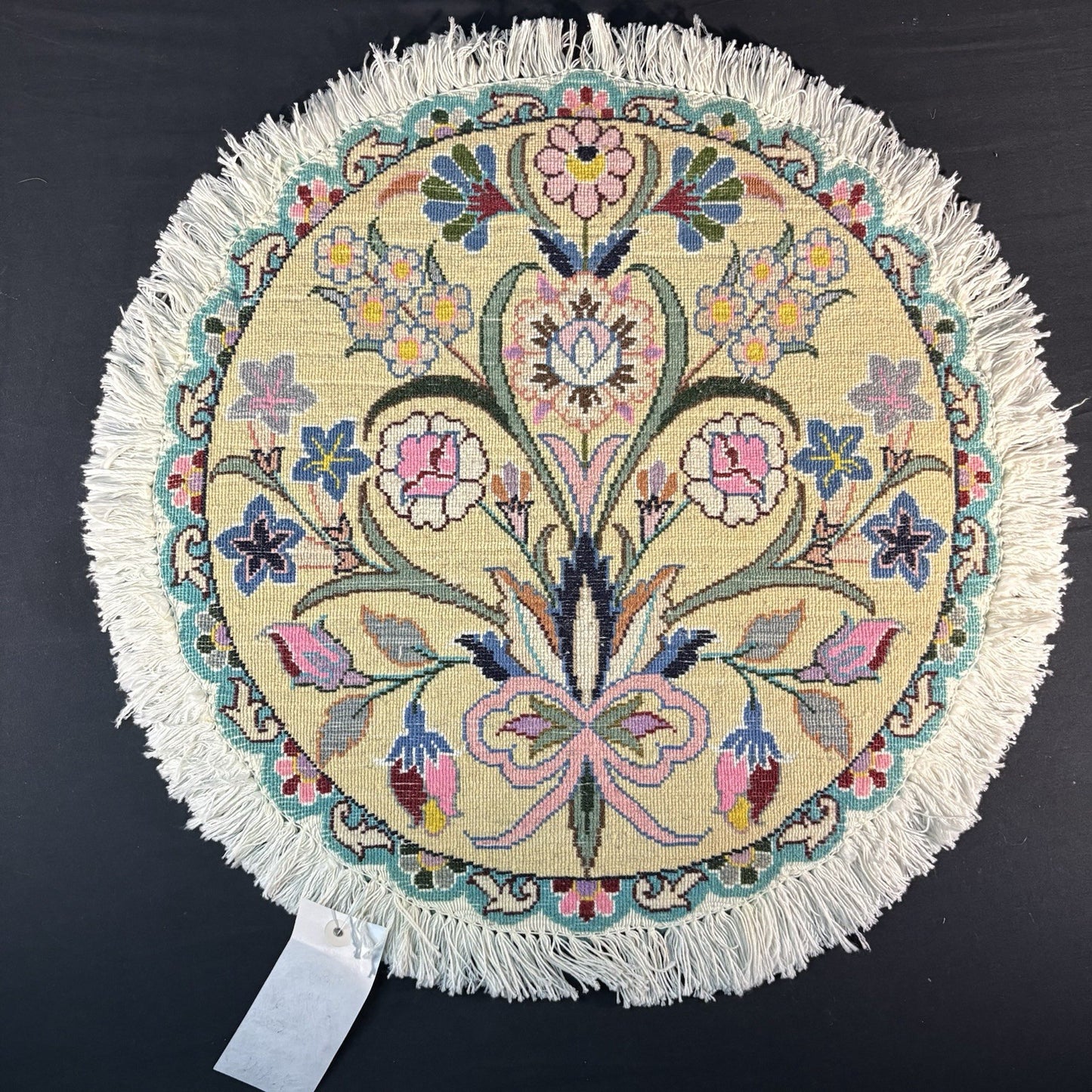 Persian Nain Round Flower Rug Yellow Hand Knotted Size 20”x20” Or 50cm X 50cm13
