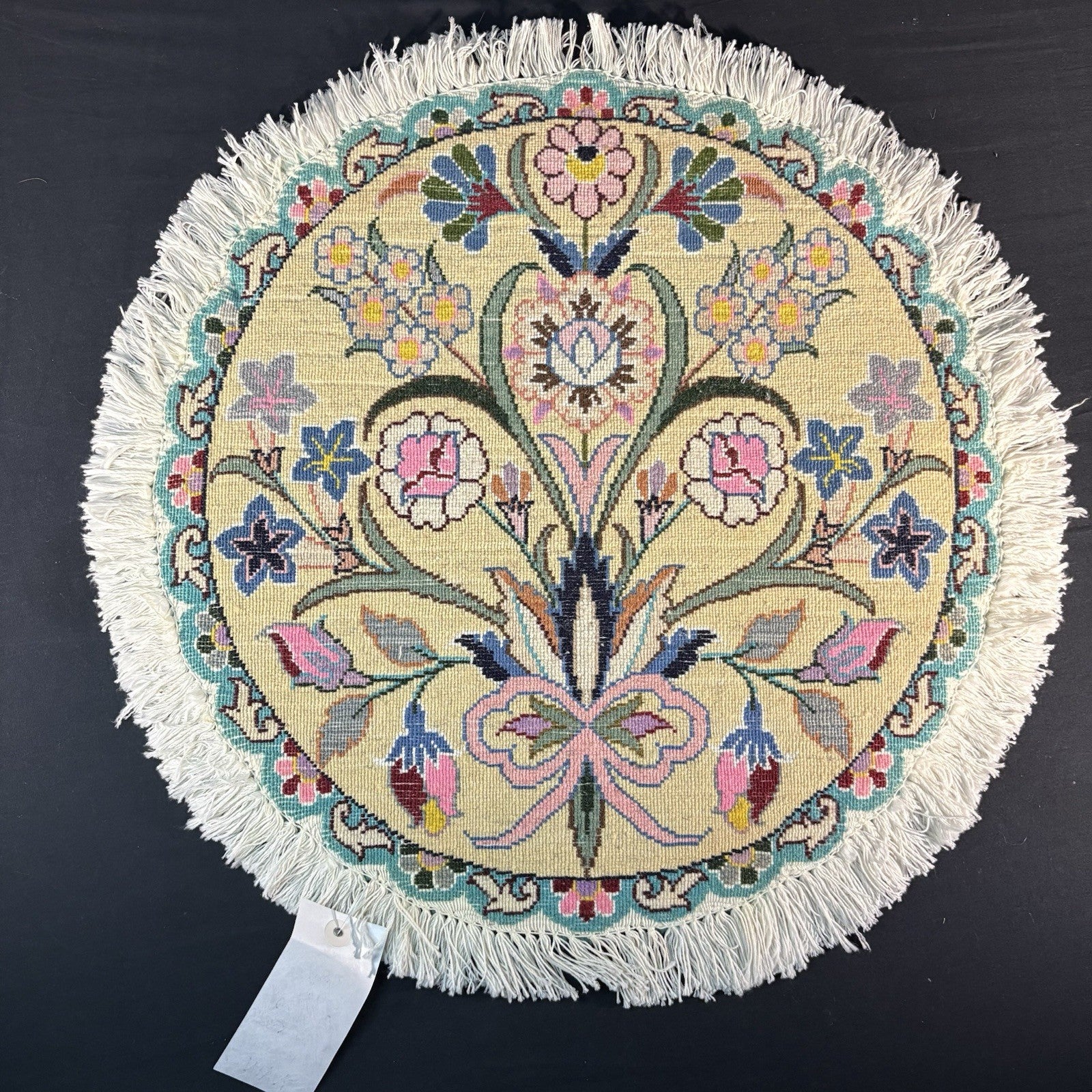 Persian Nain Round Flower Rug Yellow Hand Knotted Size 20”x20” Or 50cm X 50cm13