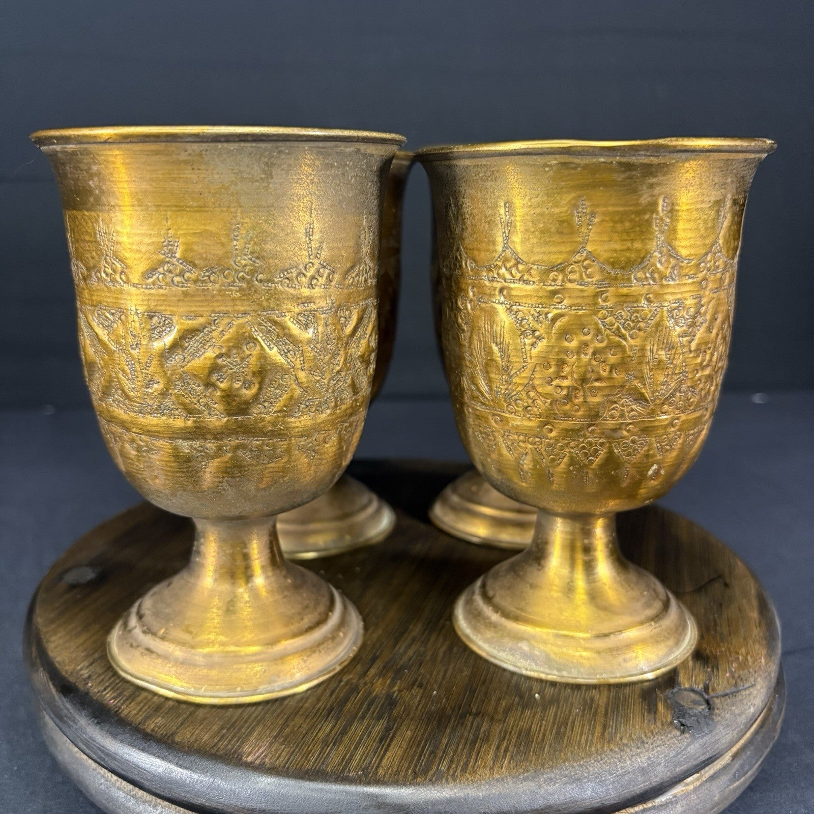 Goblet Set Qajar Dynasty Antique Copper Hand Etched Cups Early 1900s7