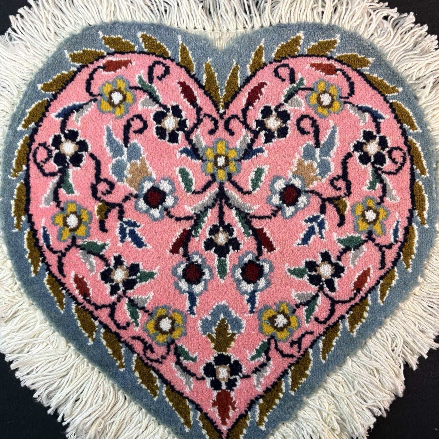 Persian Nain Heart Shape Pink Rug Flower Hand Knotted 13”x12” Very Rare 225KPSI11